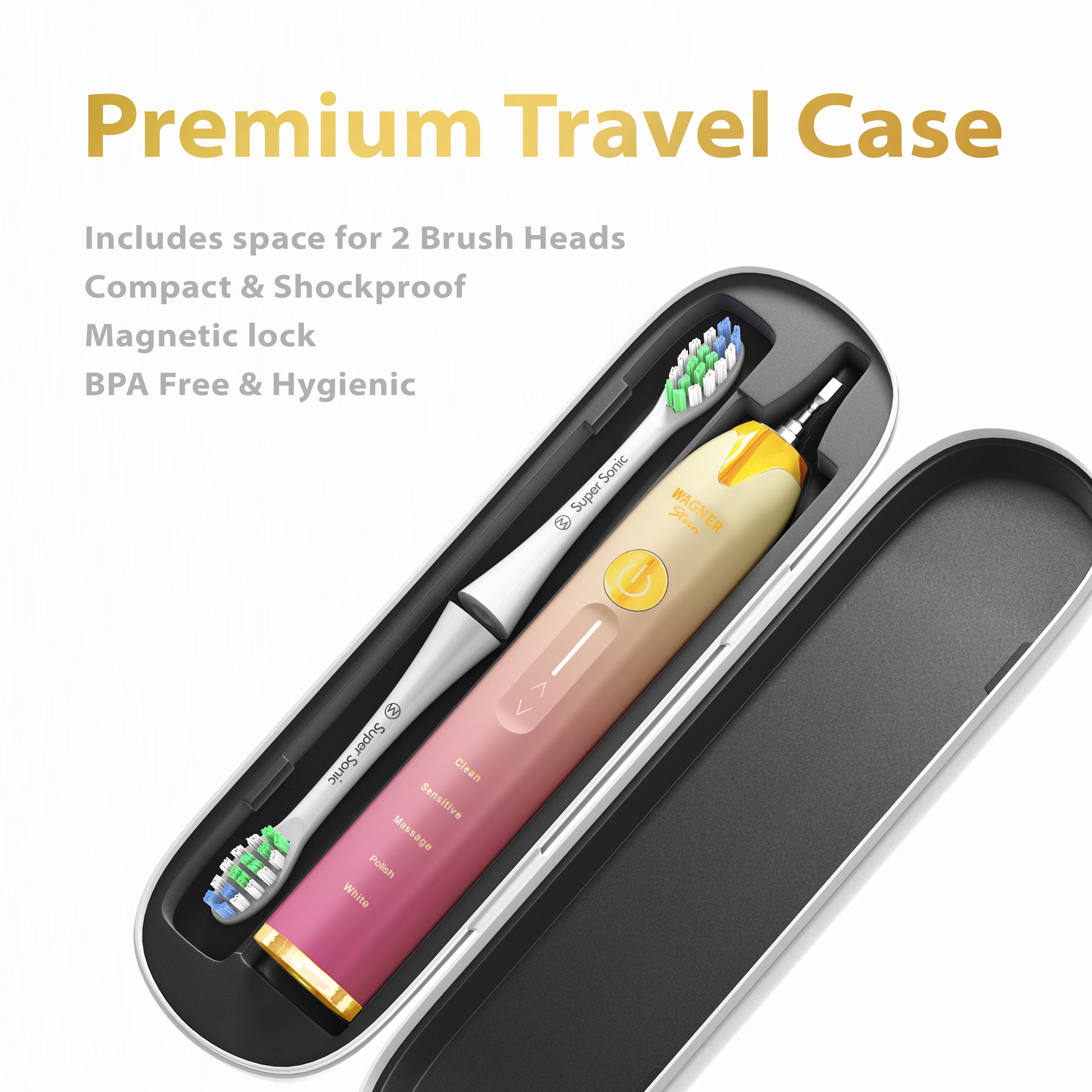 Wagner & Stern Ultrasonic whitening Toothbrush with Pressure Sensor. 5 Brushing Modes and 4 Intensity Levels with 3D Sliding Control, 8 Dupont Bristles, Premium Travel Case.