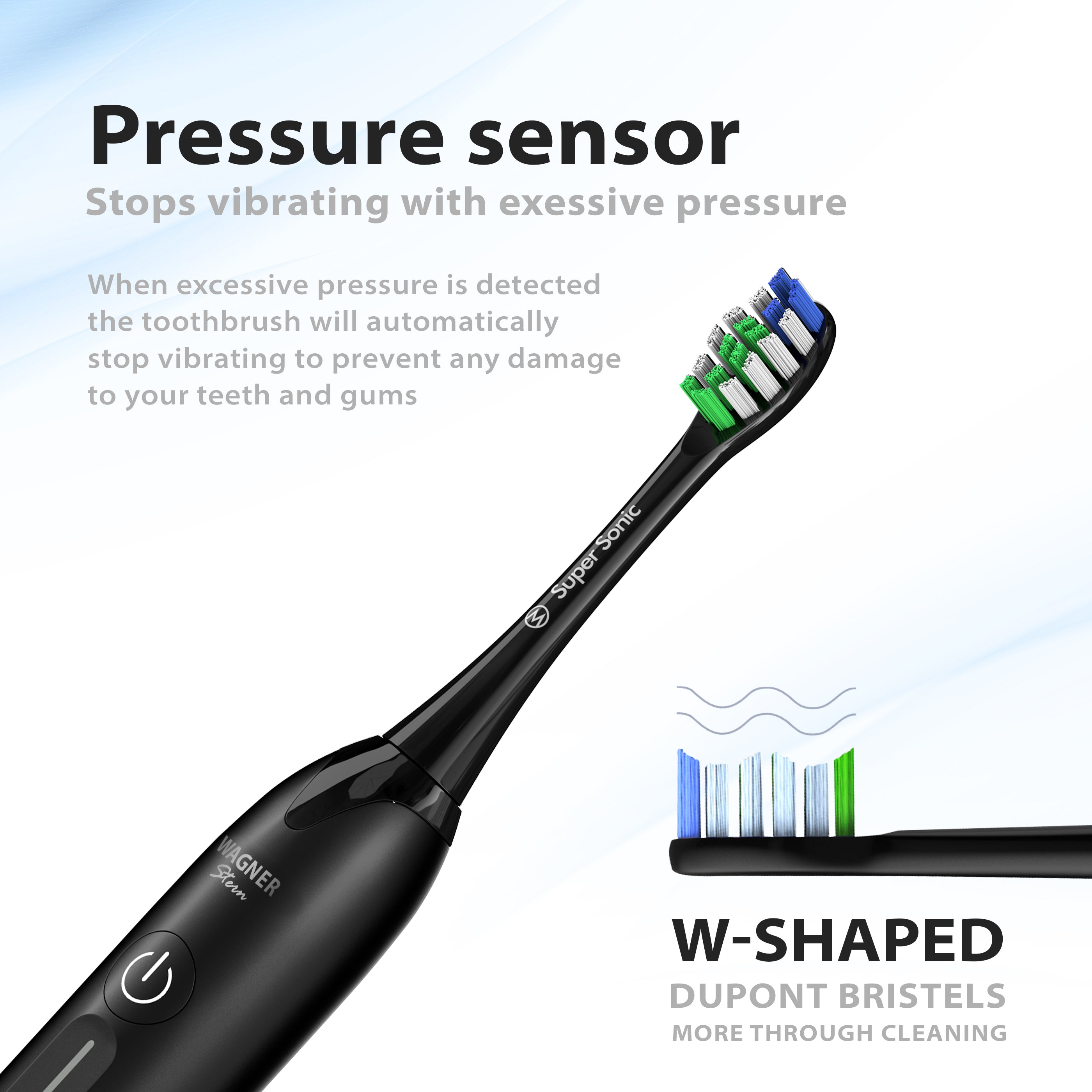 Wagner & Stern Ultrasonic whitening Toothbrush with Pressure Sensor. 5 Brushing Modes and 4 Intensity Levels with 3D Sliding Control, 8 Dupont Bristles, Premium Travel Case.