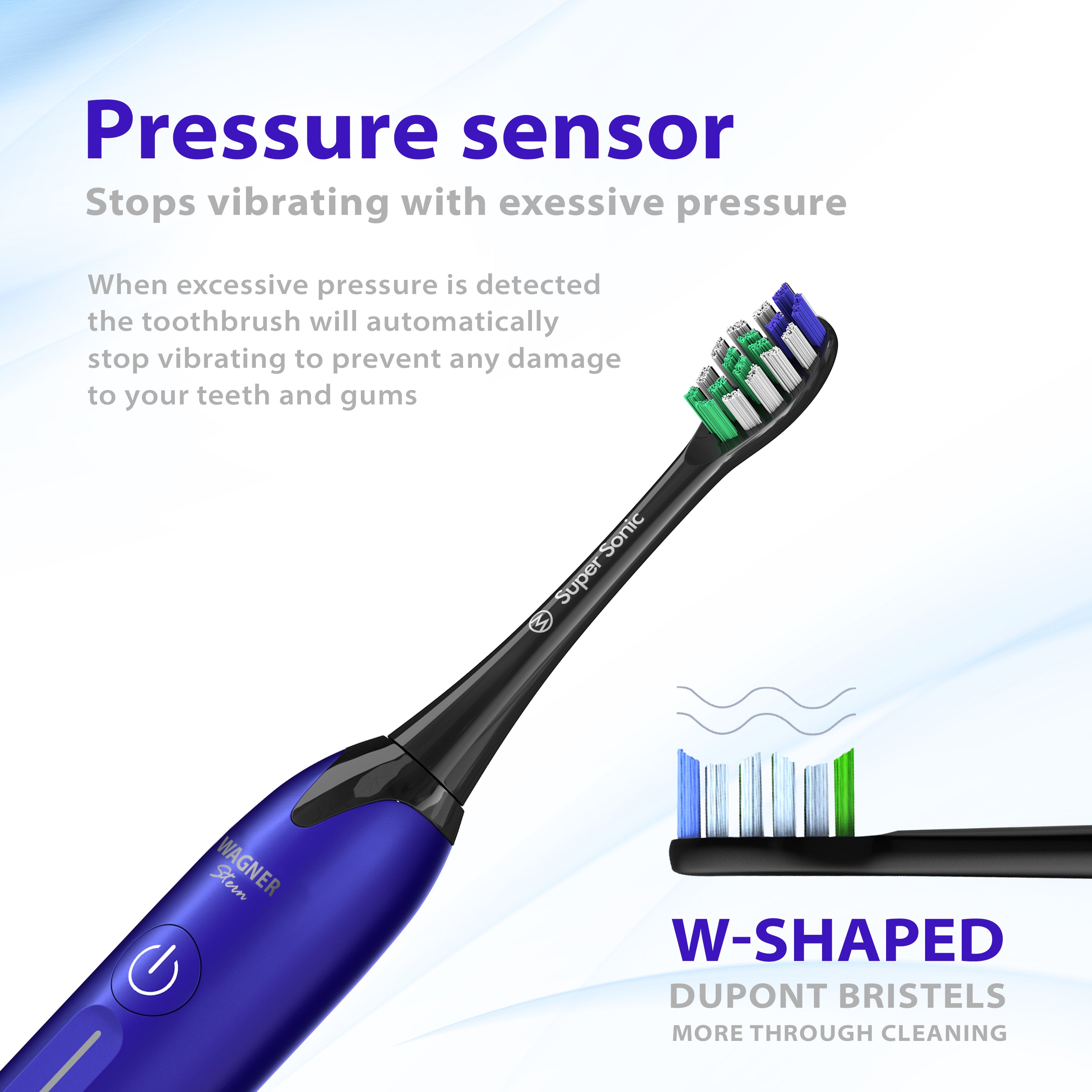 Wagner & Stern Ultrasonic whitening Toothbrush with Pressure Sensor. 5 Brushing Modes and 4 Intensity Levels with 3D Sliding Control, 8 Dupont Bristles, Premium Travel Case.