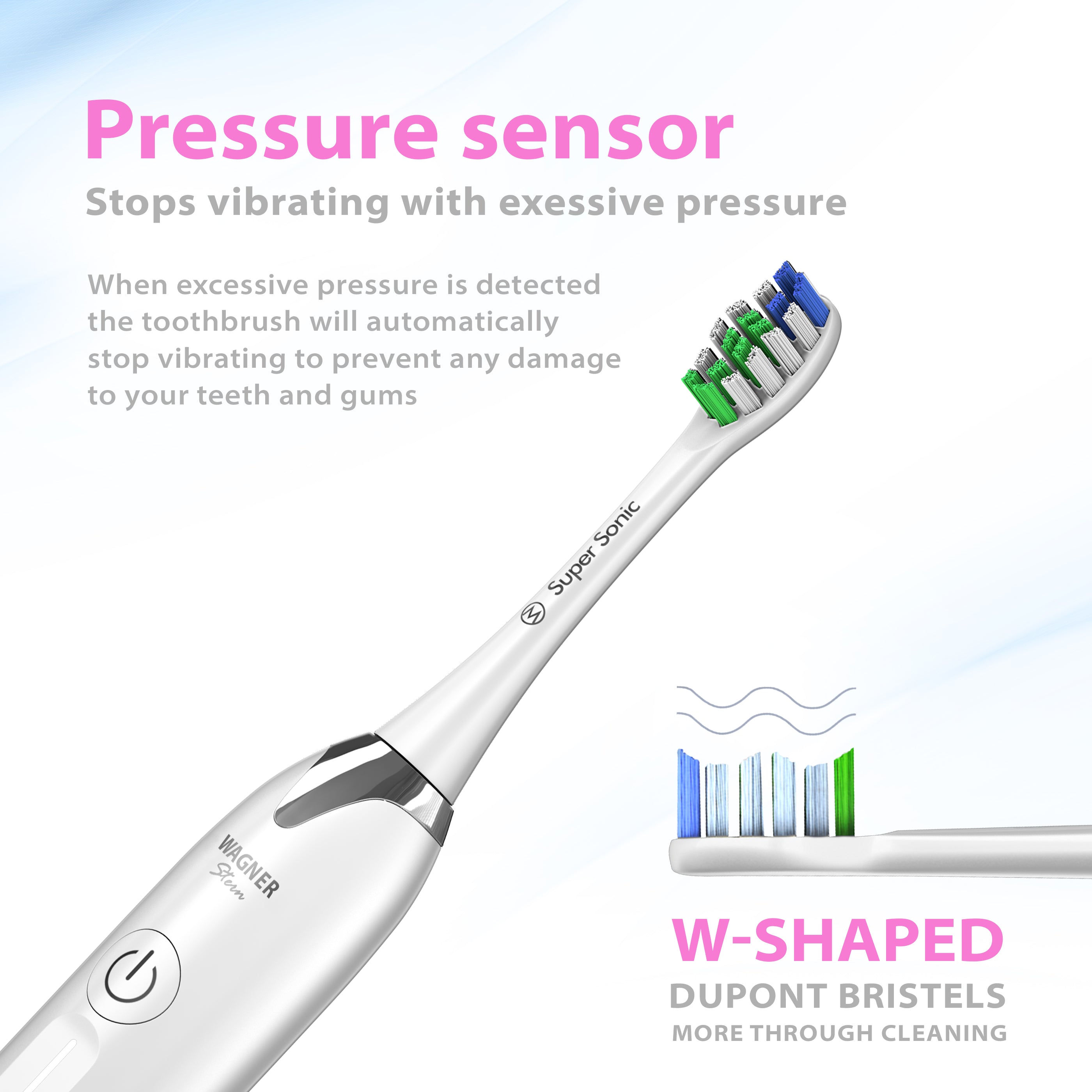 Wagner & Stern Ultrasonic whitening Toothbrush with Pressure Sensor. 5 Brushing Modes and 4 Intensity Levels with 3D Sliding Control, 8 Dupont Bristles, Premium Travel Case.