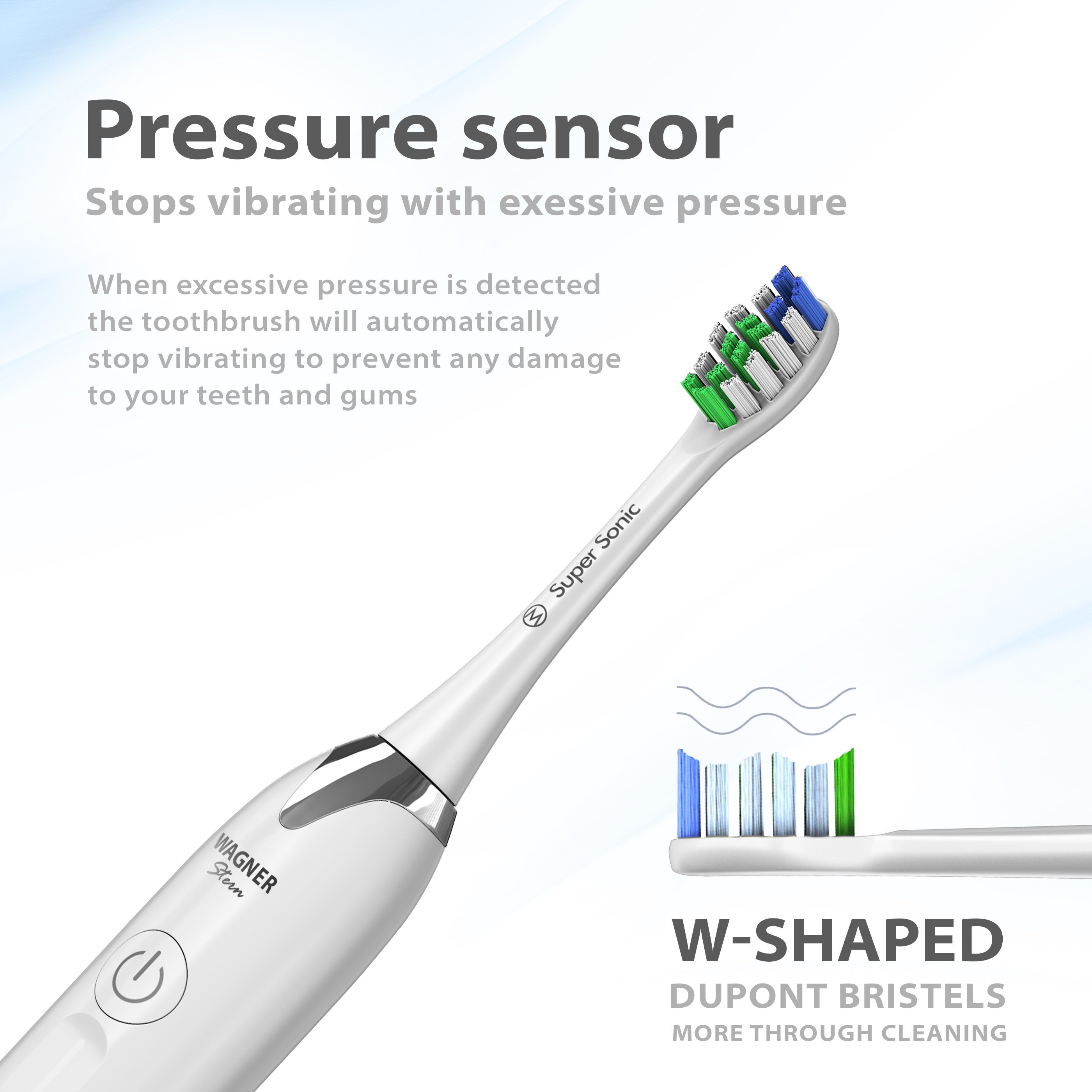 Wagner & Stern Ultrasonic whitening Toothbrush with Pressure Sensor. 5 Brushing Modes and 4 Intensity Levels with 3D Sliding Control, 8 Dupont Bristles, Premium Travel Case.