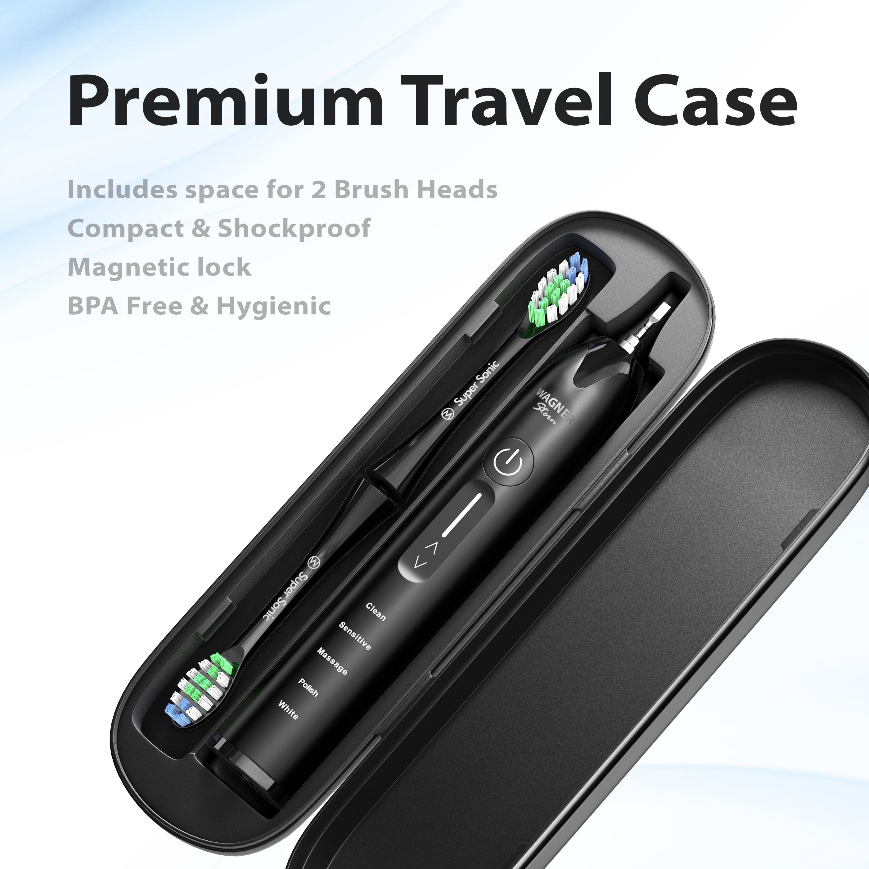 Wagner & Stern Ultrasonic whitening Toothbrush with Pressure Sensor. 5 Brushing Modes and 4 Intensity Levels with 3D Sliding Control, 8 Dupont Bristles, Premium Travel Case.