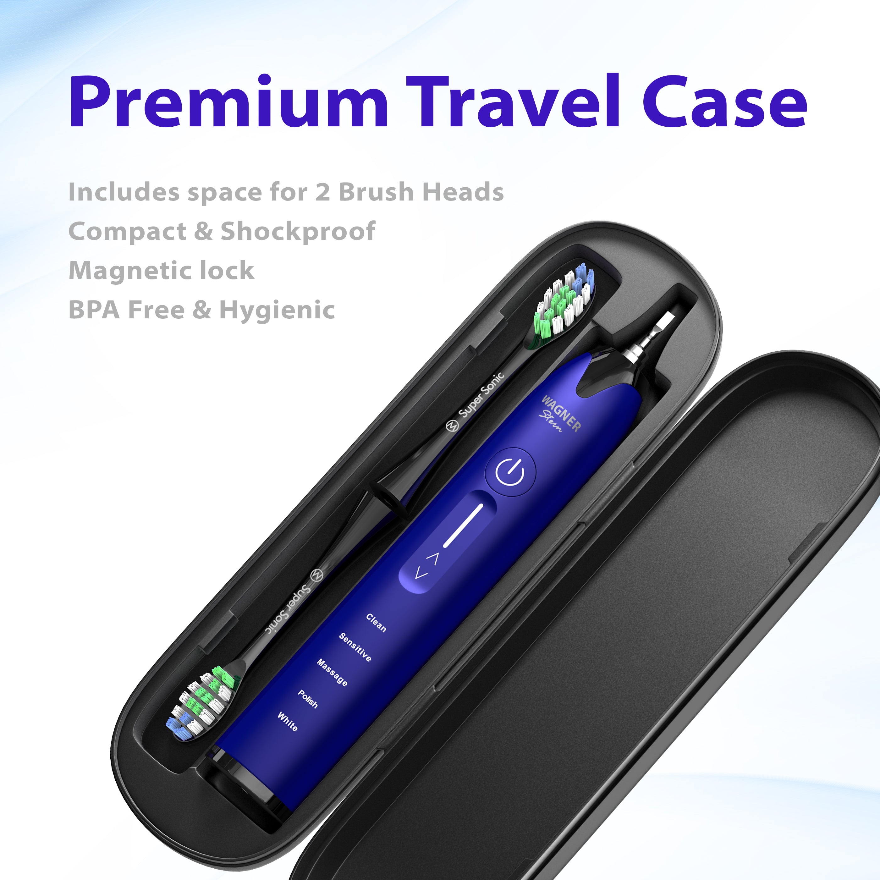 Wagner & Stern Ultrasonic whitening Toothbrush with Pressure Sensor. 5 Brushing Modes and 4 Intensity Levels with 3D Sliding Control, 8 Dupont Bristles, Premium Travel Case.