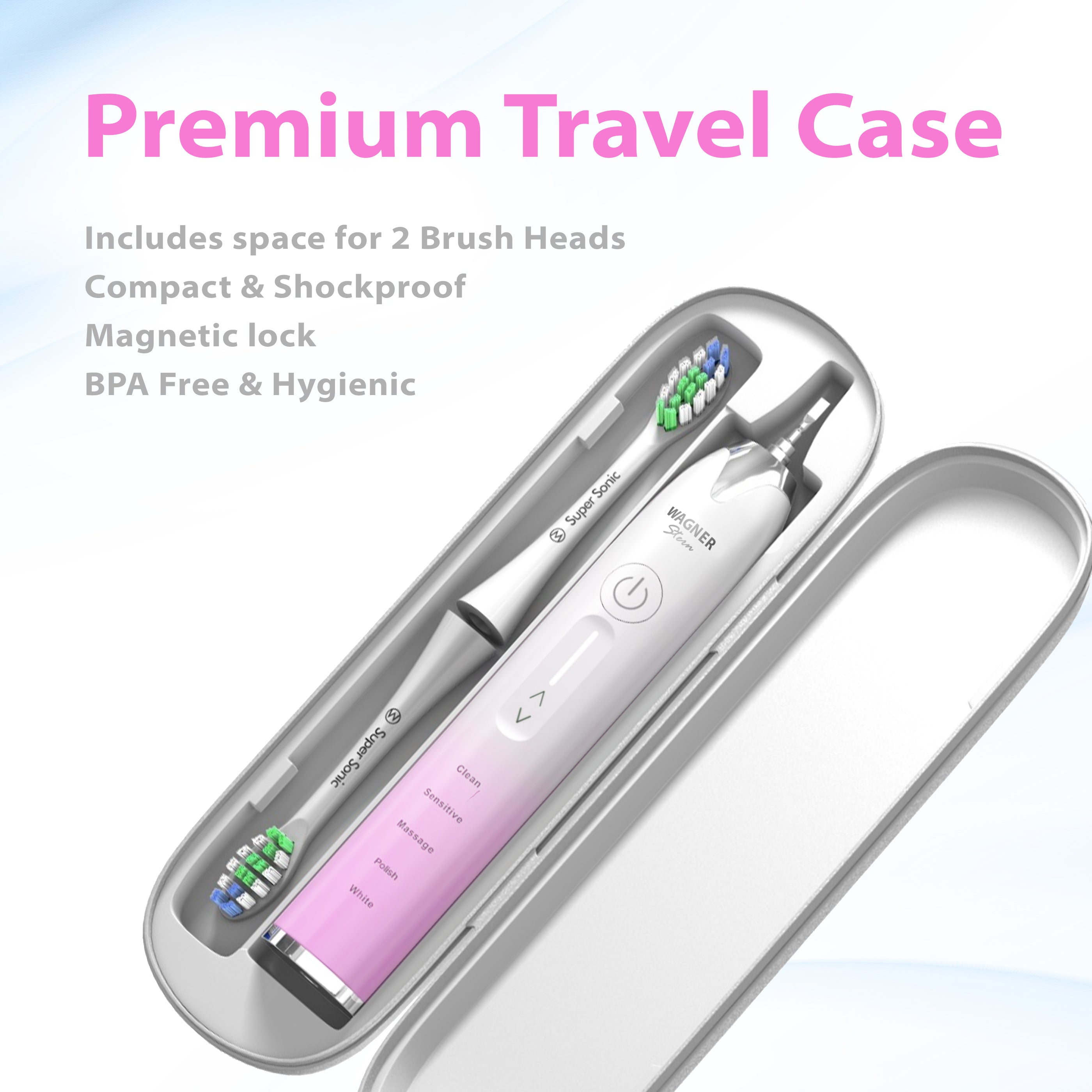 Wagner & Stern Ultrasonic whitening Toothbrush with Pressure Sensor. 5 Brushing Modes and 4 Intensity Levels with 3D Sliding Control, 8 Dupont Bristles, Premium Travel Case.
