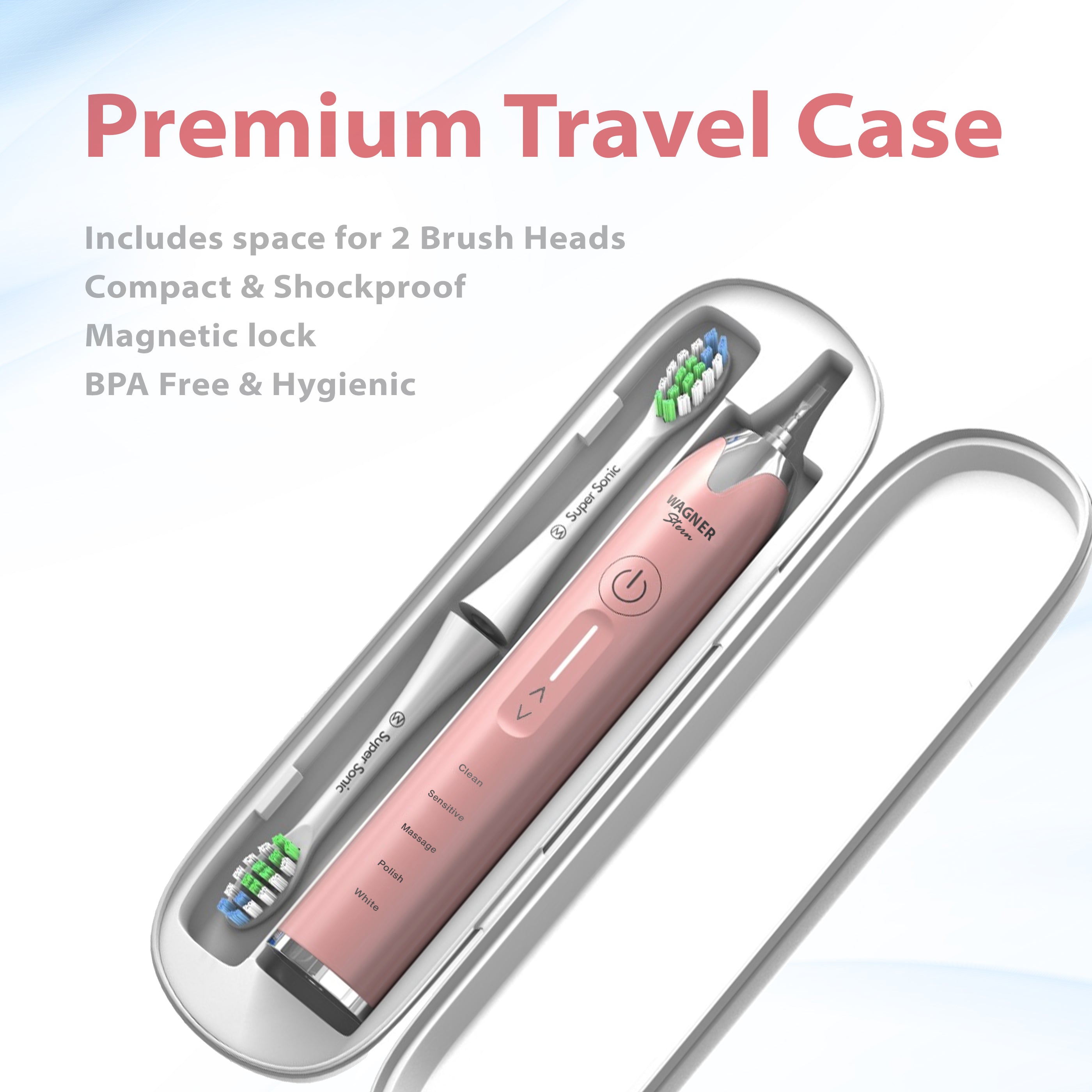 Wagner & Stern Ultrasonic whitening Toothbrush with Pressure Sensor. 5 Brushing Modes and 4 Intensity Levels with 3D Sliding Control, 8 Dupont Bristles, Premium Travel Case.