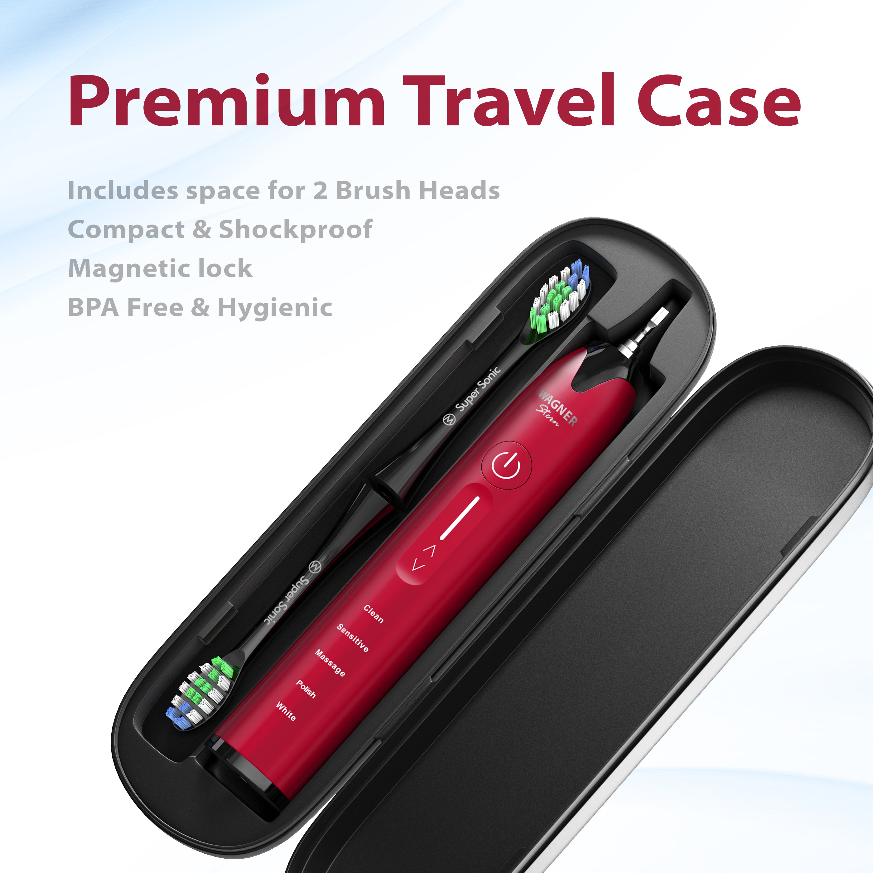 Wagner & Stern Ultrasonic whitening Toothbrush with Pressure Sensor. 5 Brushing Modes and 4 Intensity Levels with 3D Sliding Control, 8 Dupont Bristles, Premium Travel Case.