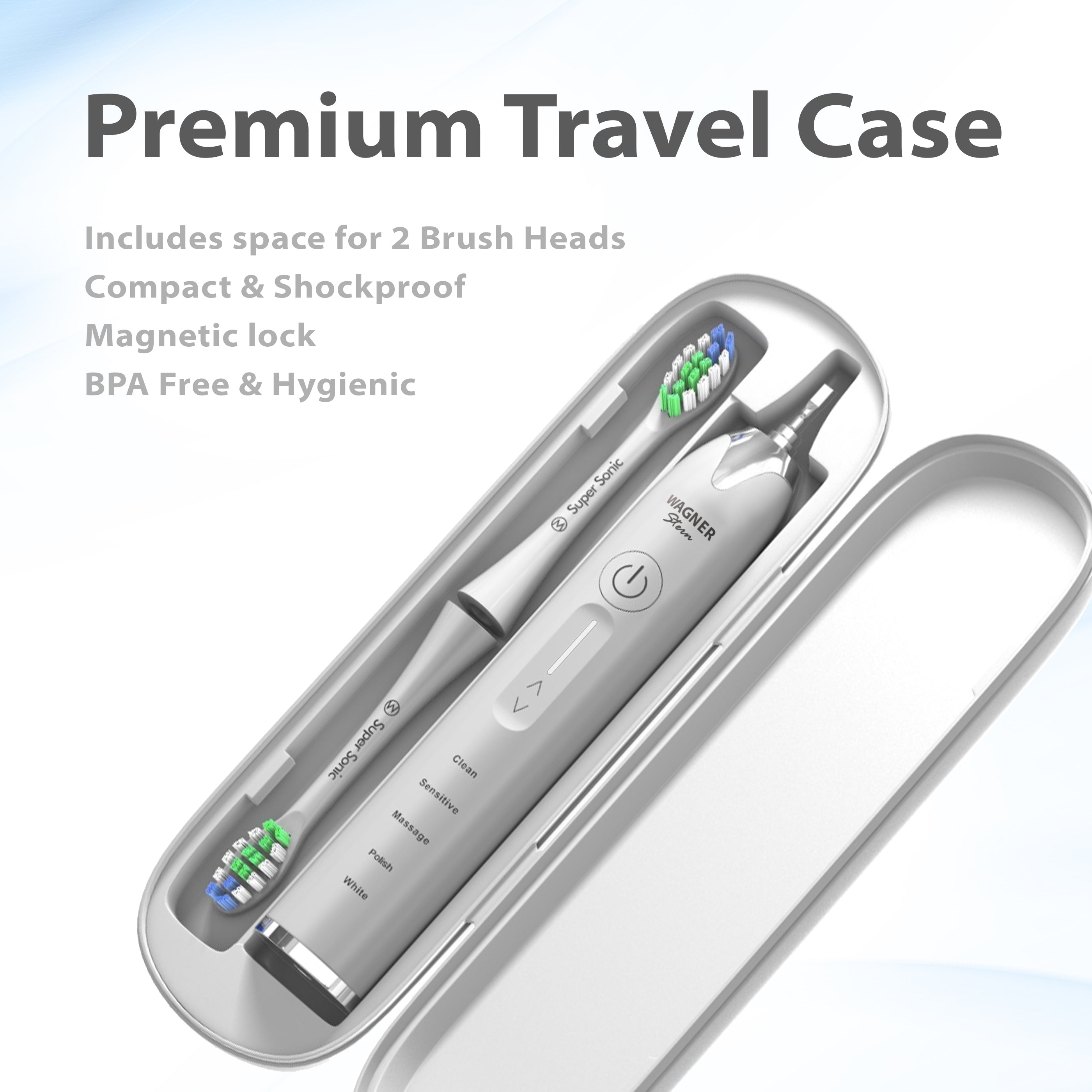 Wagner & Stern Ultrasonic whitening Toothbrush with Pressure Sensor. 5 Brushing Modes and 4 Intensity Levels with 3D Sliding Control, 8 Dupont Bristles, Premium Travel Case.