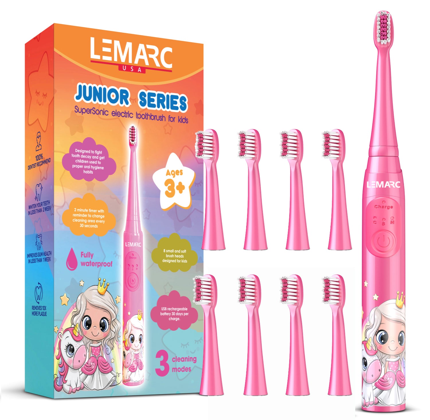 LEMARC USA Supersonic Kids Electric Toothbrush 8 Dupont Brush Heads, U