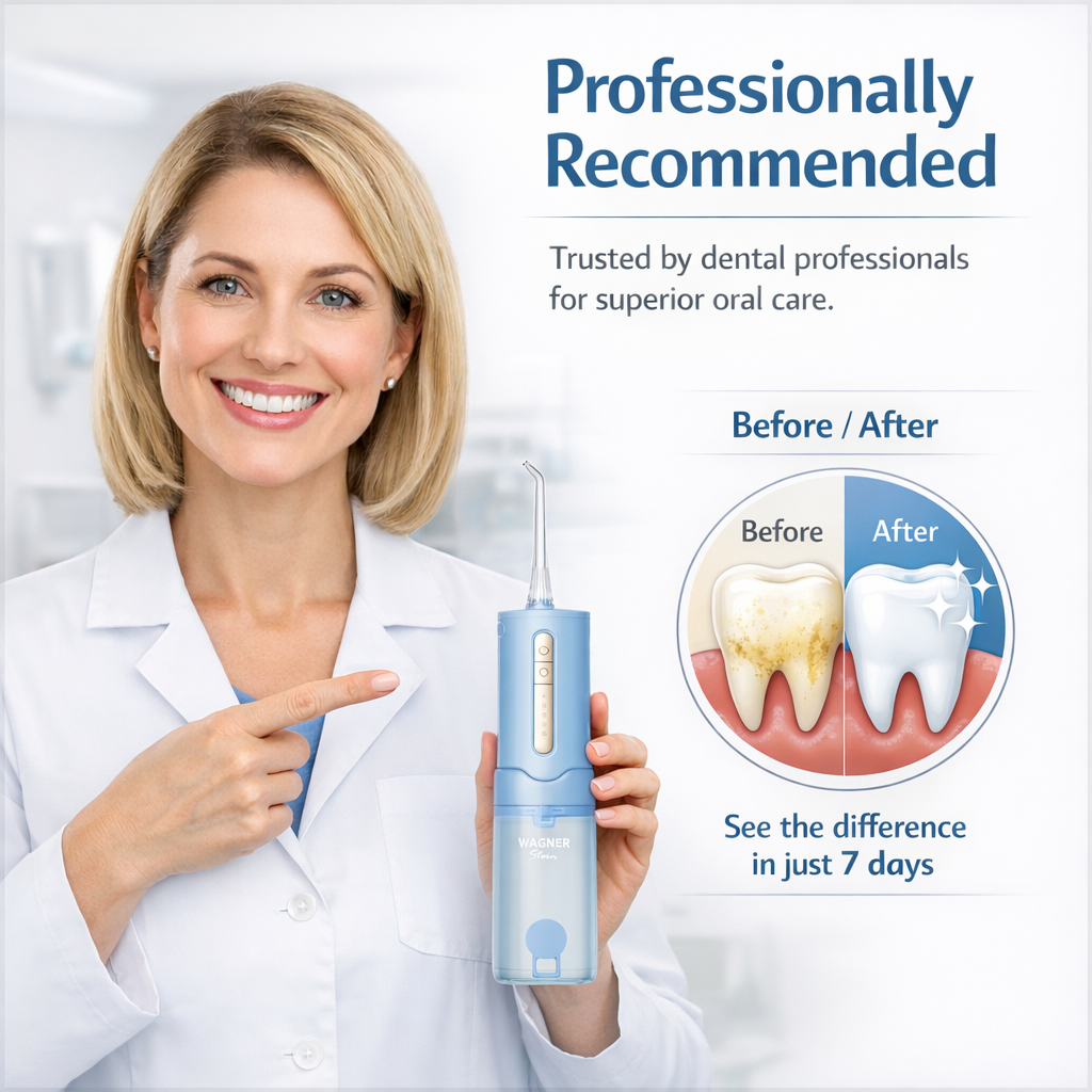 Wagner Stern Portable Water Flosser, Cordless Dental Irrigator with 5 Pressure Modes, 4 Jet Nozzles, USB-C Rechargeable, IPX7 Waterproof, Model DF3400