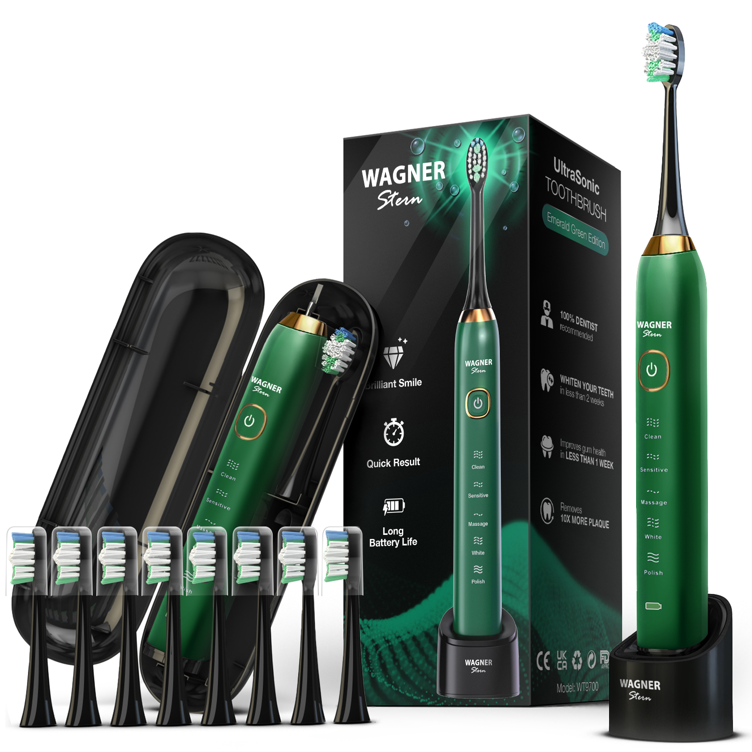 Wagner Stern The Emerald Green Edition ultrasonic whitening electric toothbrush features five brushing modes, eight soft brush heads, and a premium travel case.