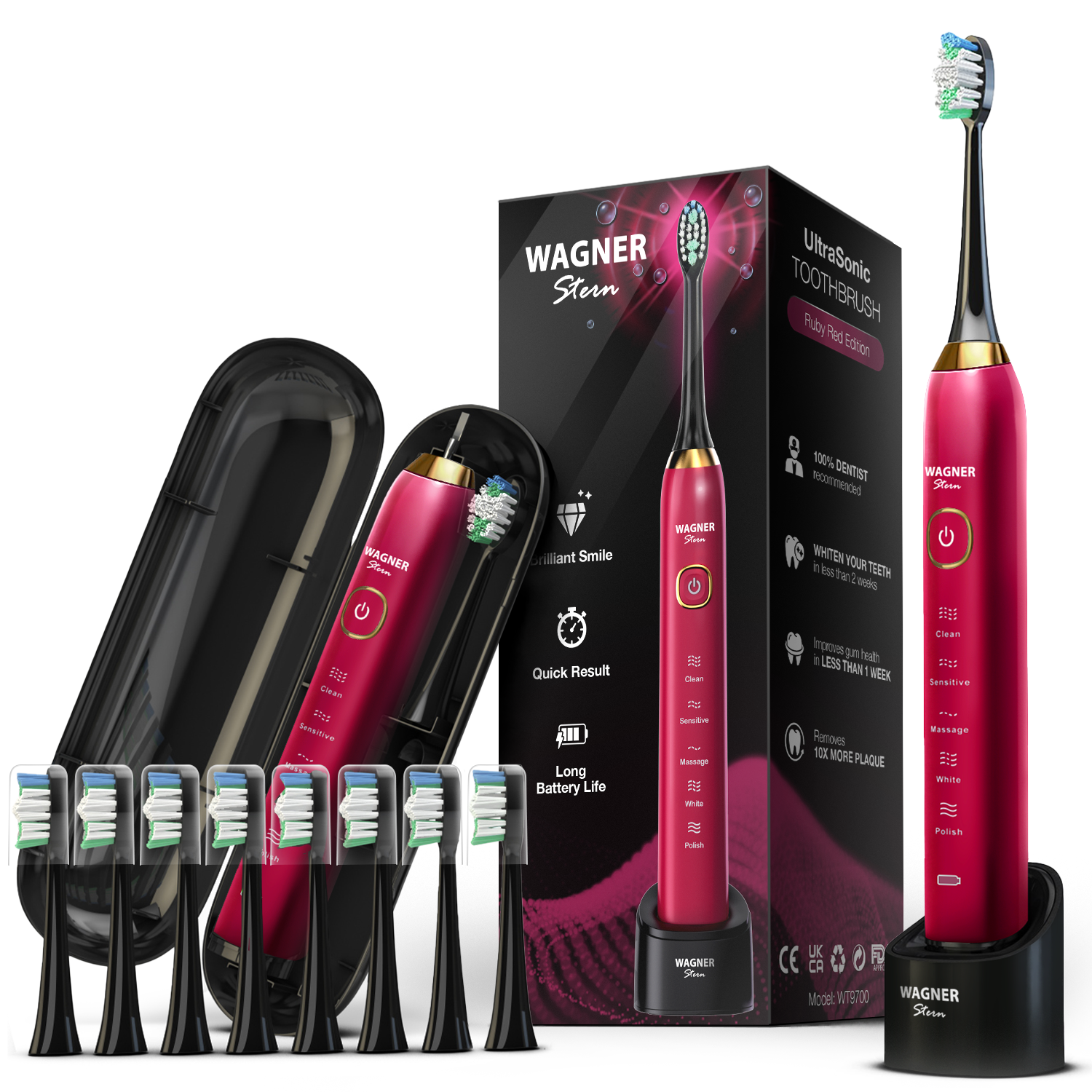 Wagner Stern The Ruby Red Edition ultrasonic whitening electric toothbrush features five brushing modes, eight soft brush heads, and a premium travel case.