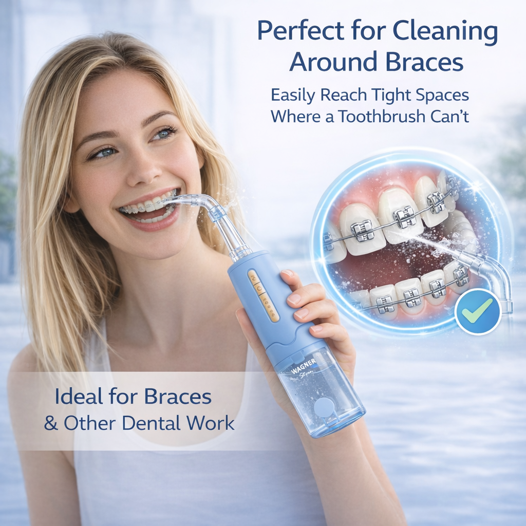 Wagner Stern Portable Water Flosser, Cordless Dental Irrigator with 5 Pressure Modes, 4 Jet Nozzles, USB-C Rechargeable, IPX7 Waterproof, Model DF3400