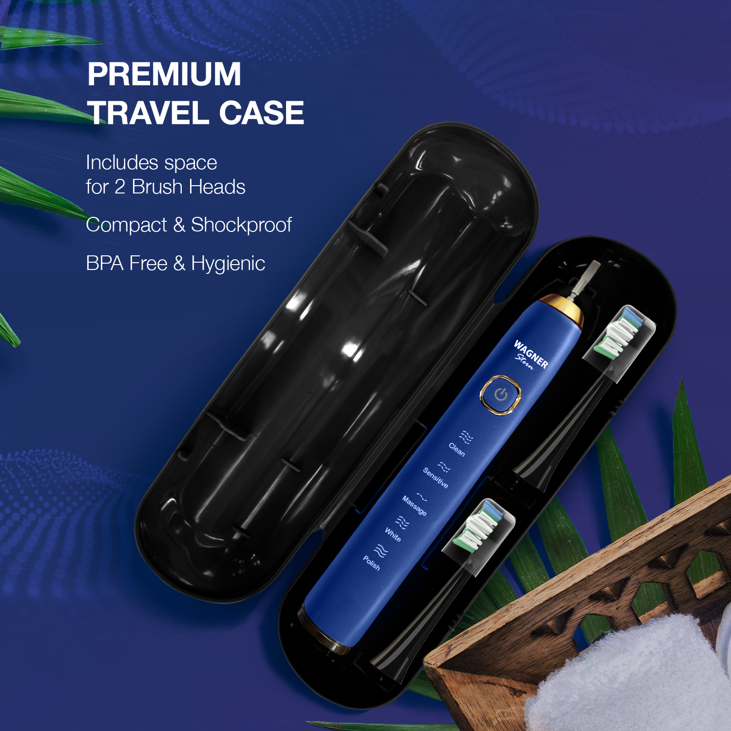 Wagner Stern The Sapphier Blue Edition ultrasonic whitening electric toothbrush features five brushing modes, eight soft brush heads, and a premium travel case.