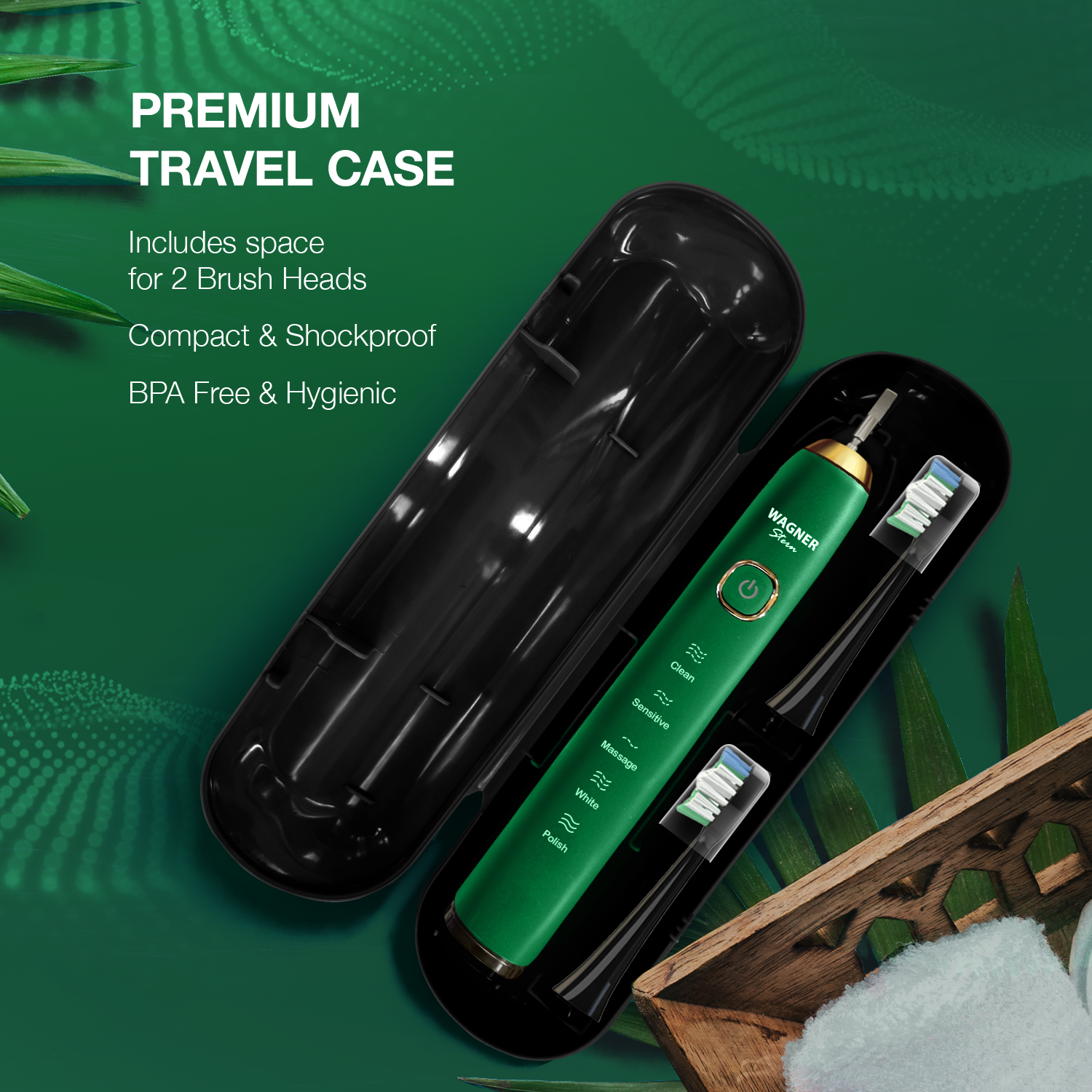 Wagner Stern The Emerald Green Edition ultrasonic whitening electric toothbrush features five brushing modes, eight soft brush heads, and a premium travel case.