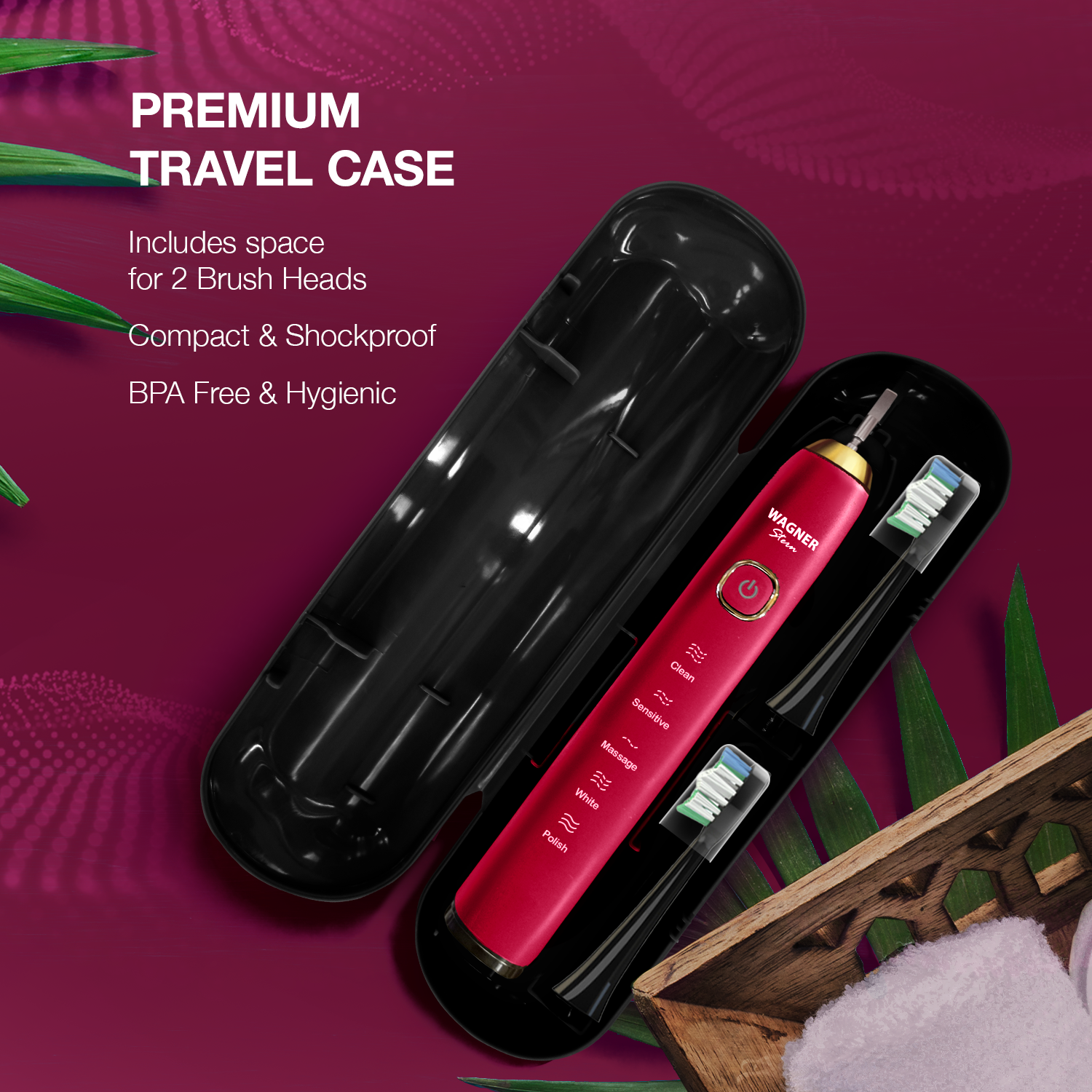 Wagner Stern The Ruby Red Edition ultrasonic whitening electric toothbrush features five brushing modes, eight soft brush heads, and a premium travel case.