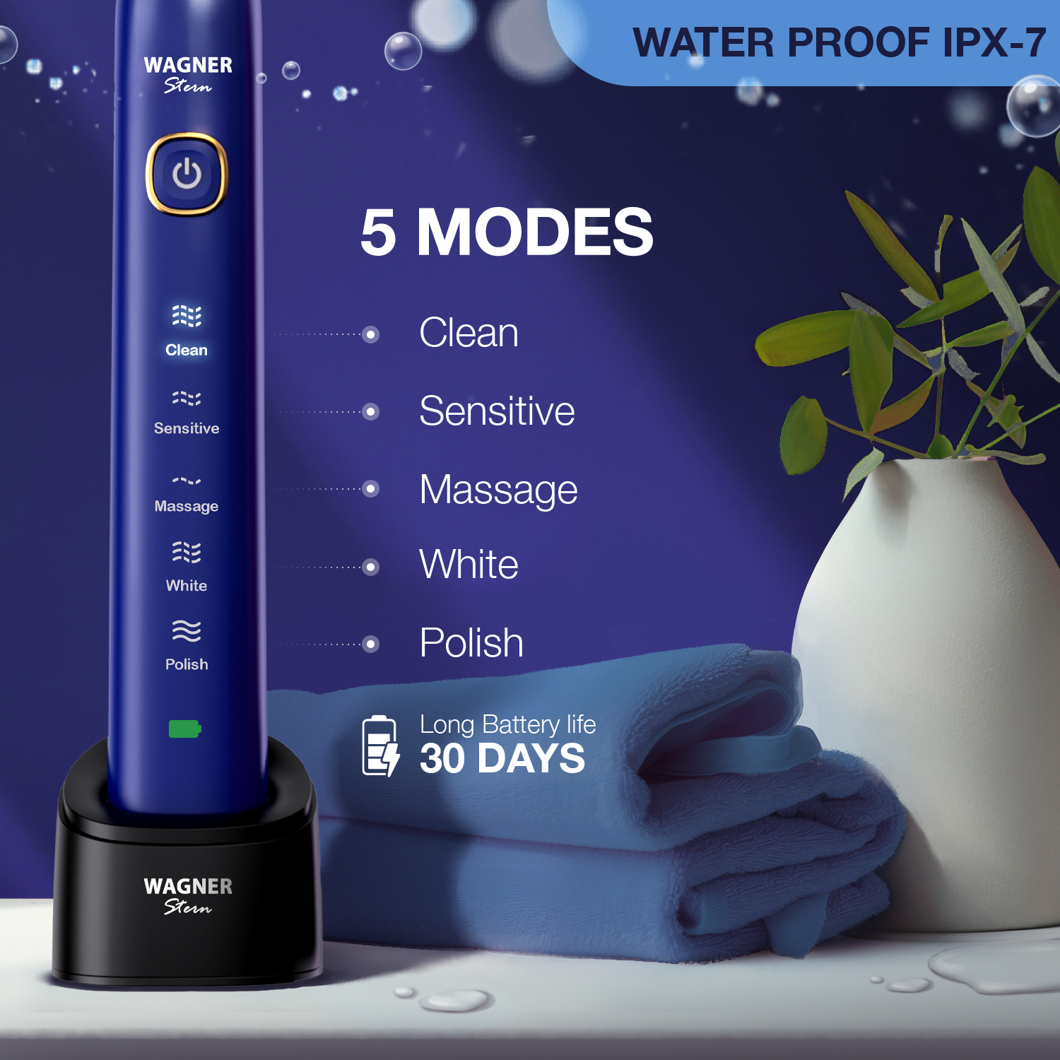 Wagner Stern The Sapphier Blue Edition ultrasonic whitening electric toothbrush features five brushing modes, eight soft brush heads, and a premium travel case.