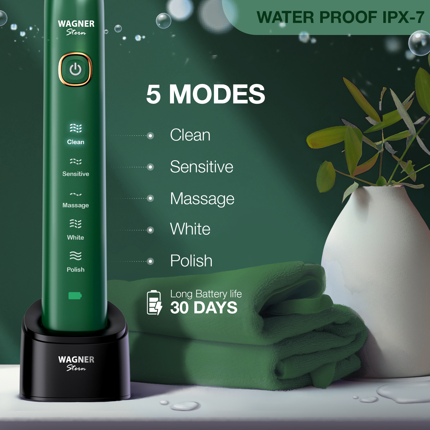 Wagner Stern The Emerald Green Edition ultrasonic whitening electric toothbrush features five brushing modes, eight soft brush heads, and a premium travel case.