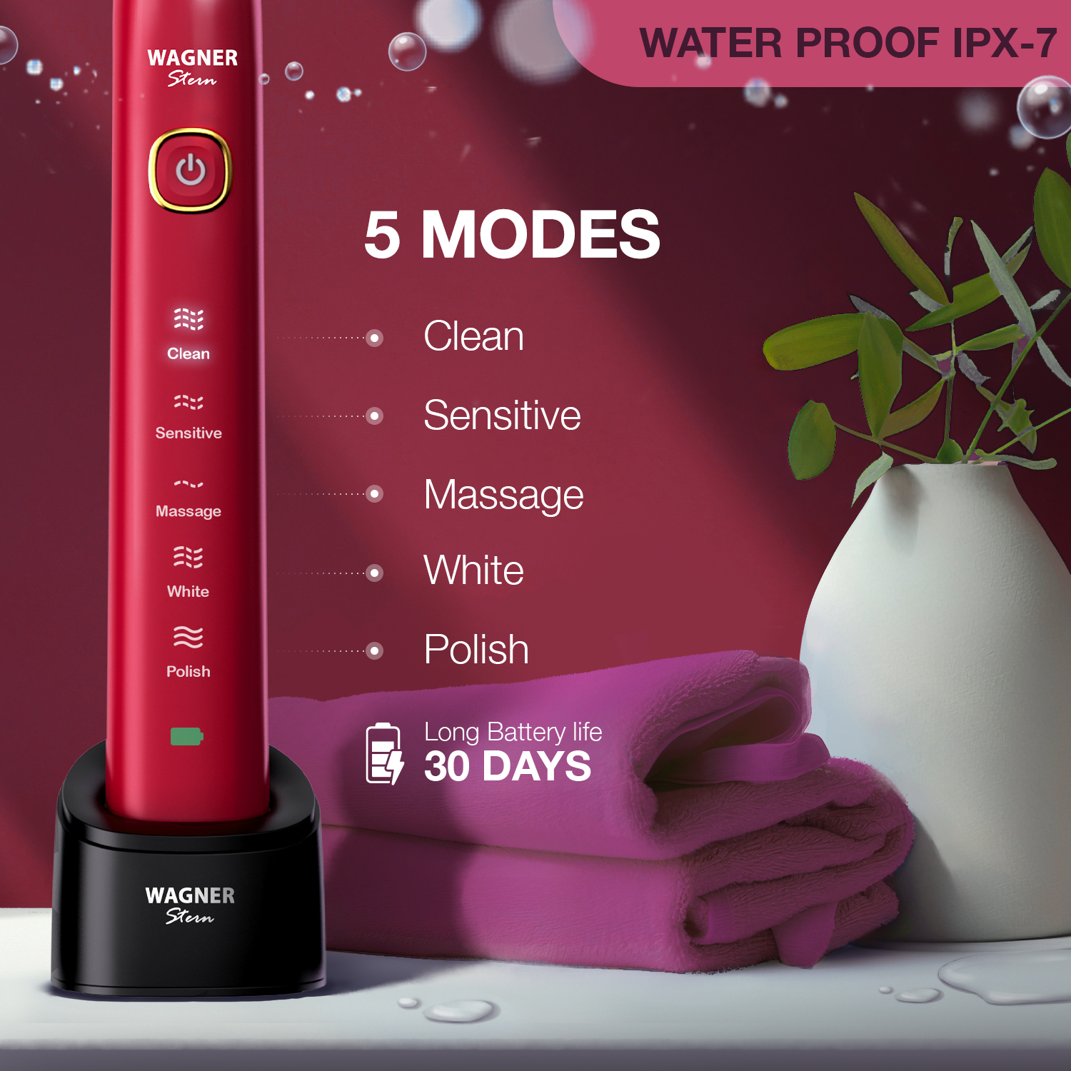 Wagner Stern The Ruby Red Edition ultrasonic whitening electric toothbrush features five brushing modes, eight soft brush heads, and a premium travel case.