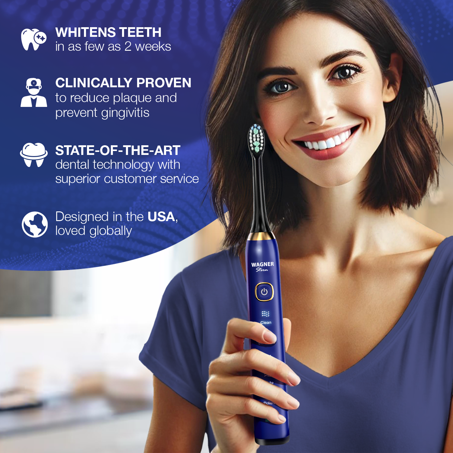 Wagner Stern The Sapphier Blue Edition ultrasonic whitening electric toothbrush features five brushing modes, eight soft brush heads, and a premium travel case.