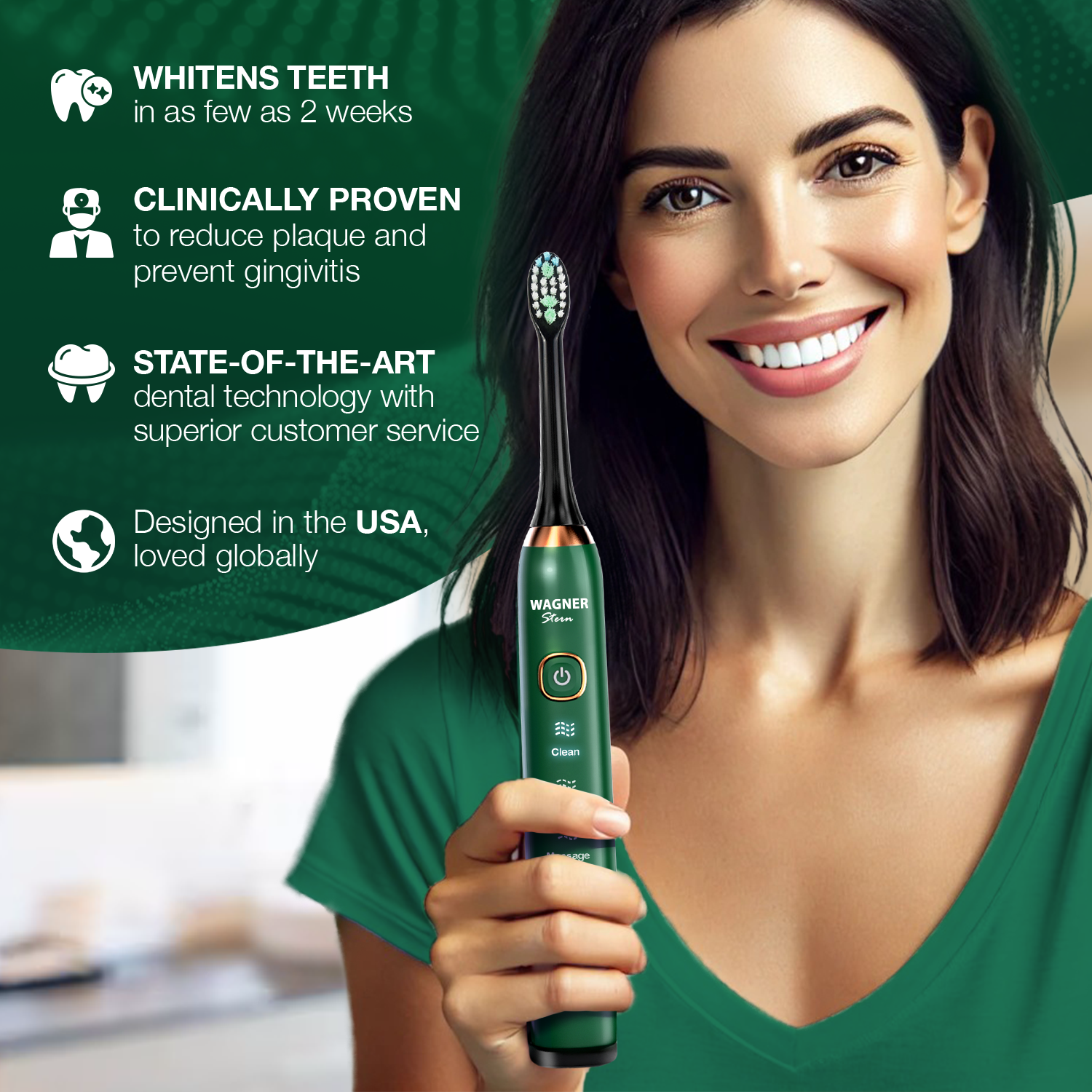 Wagner Stern The Emerald Green Edition ultrasonic whitening electric toothbrush features five brushing modes, eight soft brush heads, and a premium travel case.