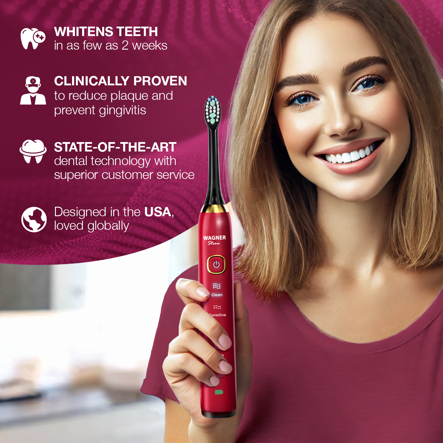 Wagner Stern The Ruby Red Edition ultrasonic whitening electric toothbrush features five brushing modes, eight soft brush heads, and a premium travel case.