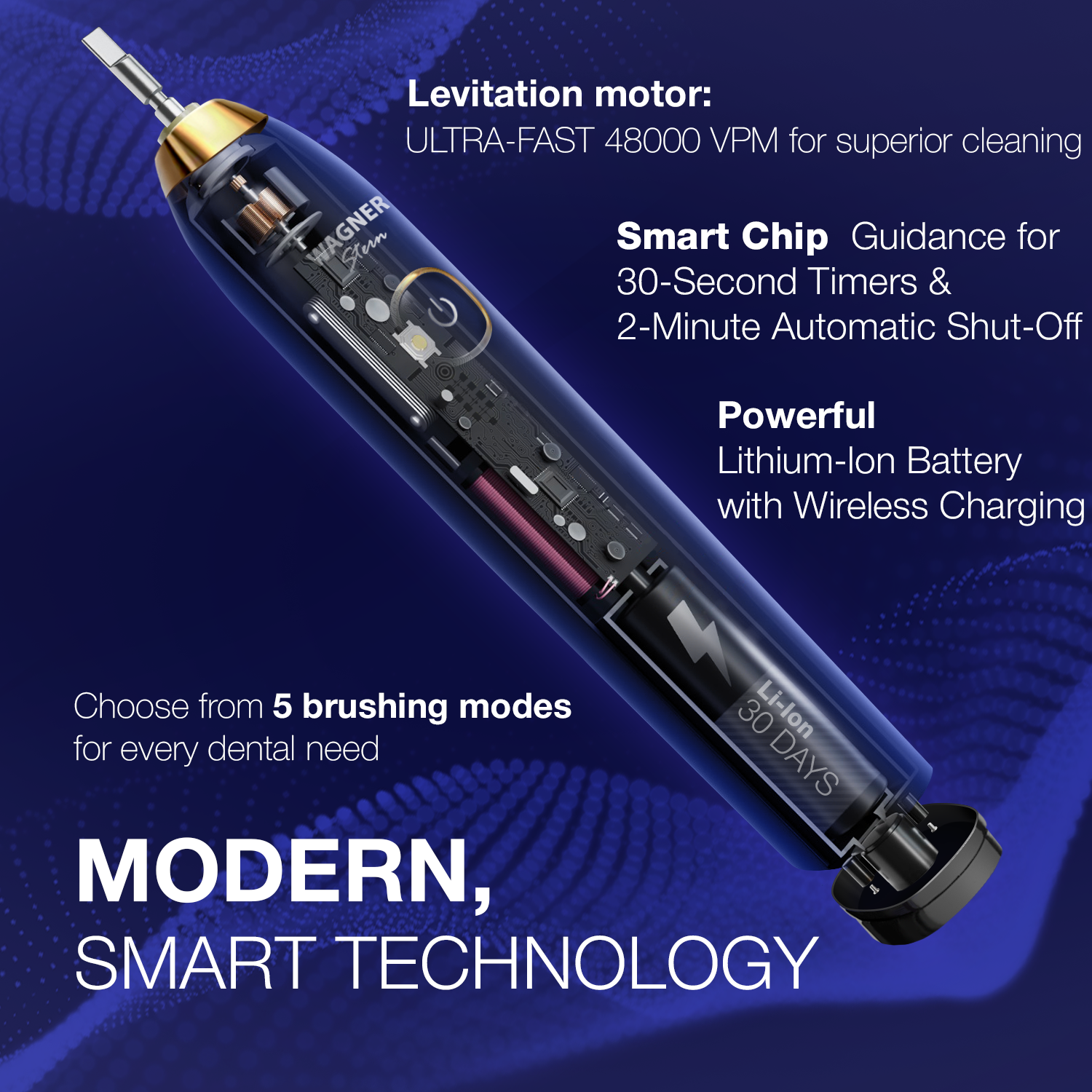 Wagner Stern The Sapphier Blue Edition ultrasonic whitening electric toothbrush features five brushing modes, eight soft brush heads, and a premium travel case.