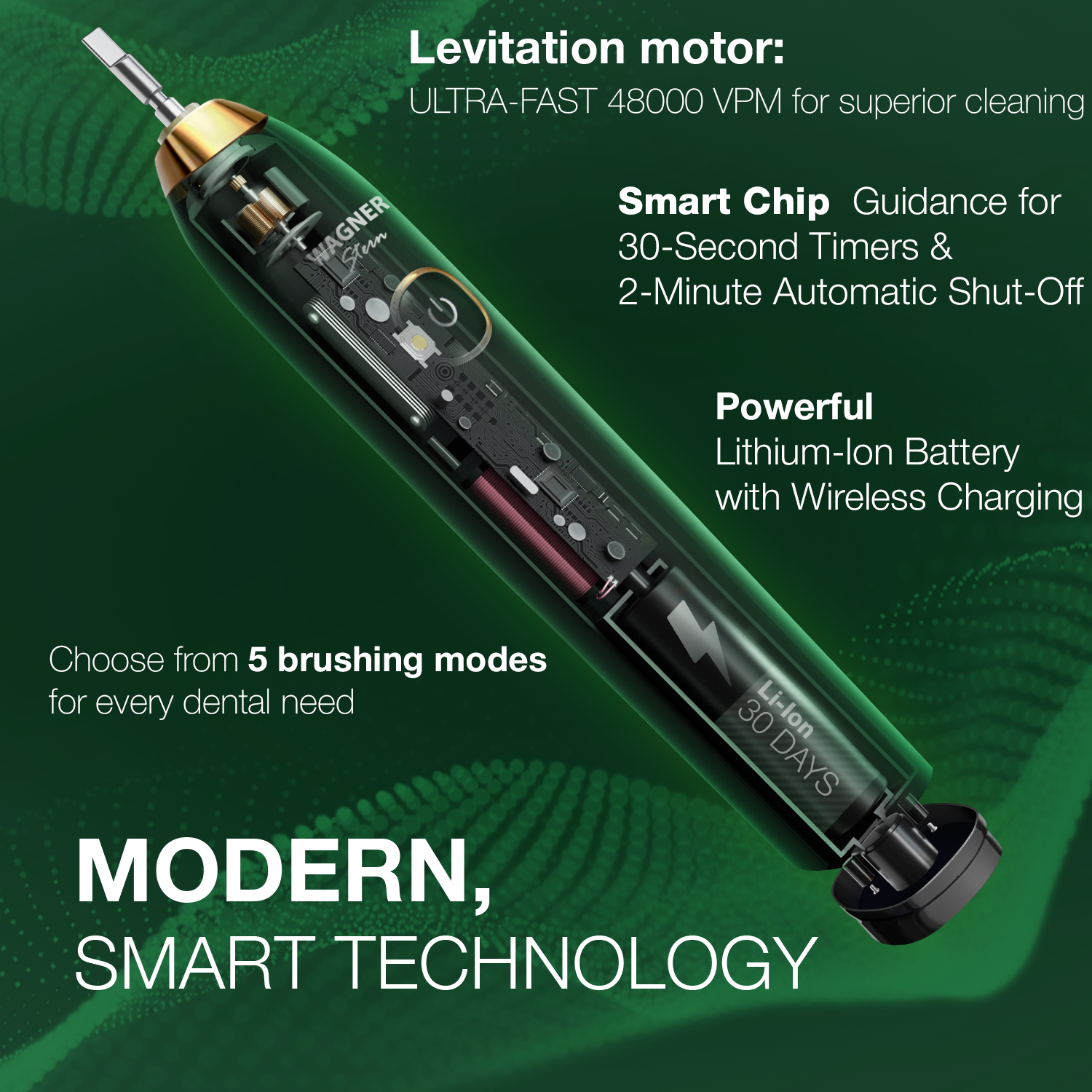 Wagner Stern The Emerald Green Edition ultrasonic whitening electric toothbrush features five brushing modes, eight soft brush heads, and a premium travel case.