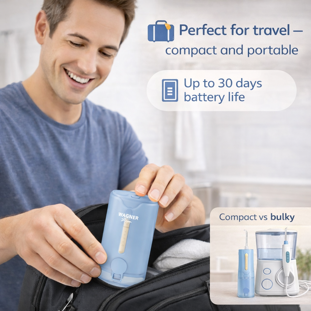Wagner Stern Portable Water Flosser, Cordless Dental Irrigator with 5 Pressure Modes, 4 Jet Nozzles, USB-C Rechargeable, IPX7 Waterproof, Model DF3400