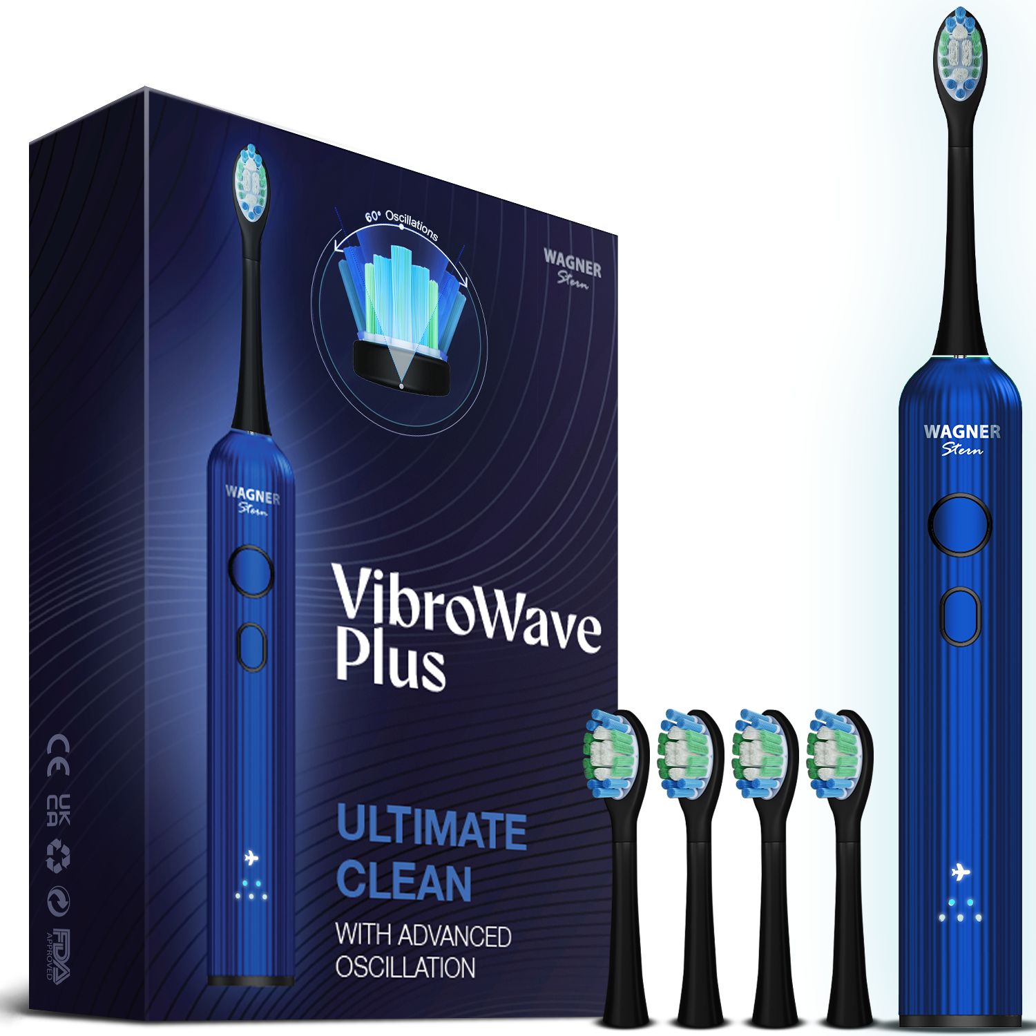 Wagner Stern VibroWave Plus Oscillation & Vibration Sonic Electric Toothbrush with 4 Brush Heads. IPX7 Waterproof.