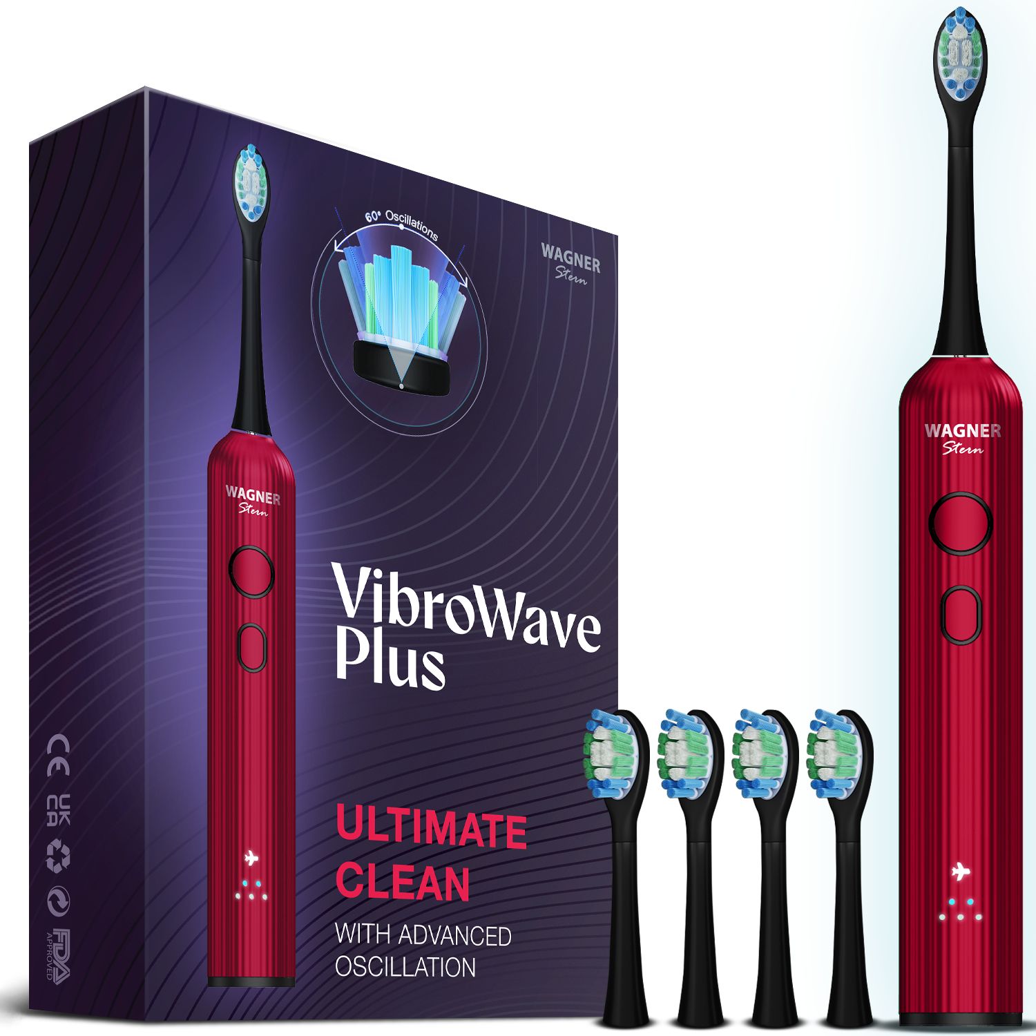 Wagner Stern VibroWave Plus Oscillation & Vibration Sonic Electric Toothbrush with 4 Brush Heads. IPX7 Waterproof.