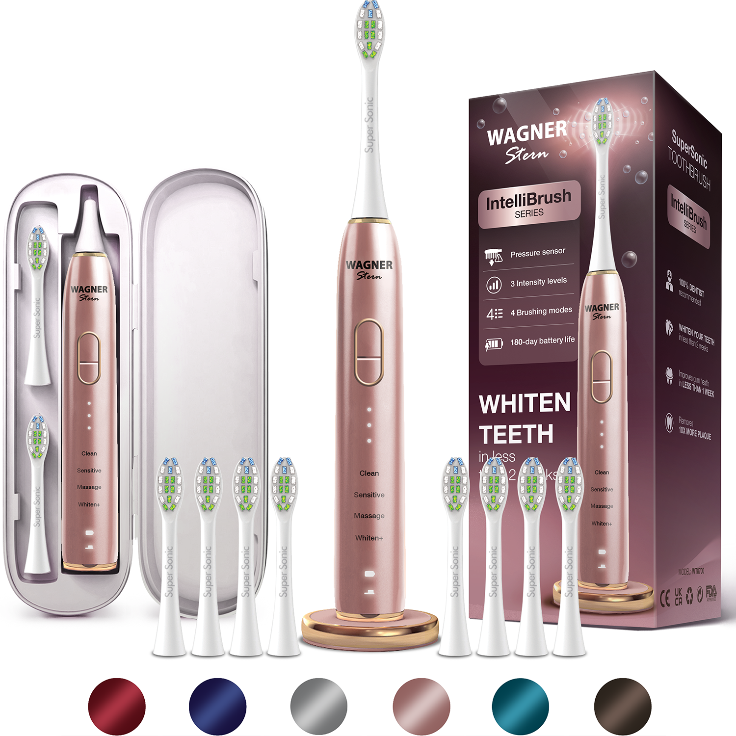 Wagner Stern IntelliBrush Series Whitening Electric Toothbrush with Pressure Sensor. Offers 4 Brushing Modes, 3 intensities, 8 Soft Brush Heads, and a Luxury Travel case.