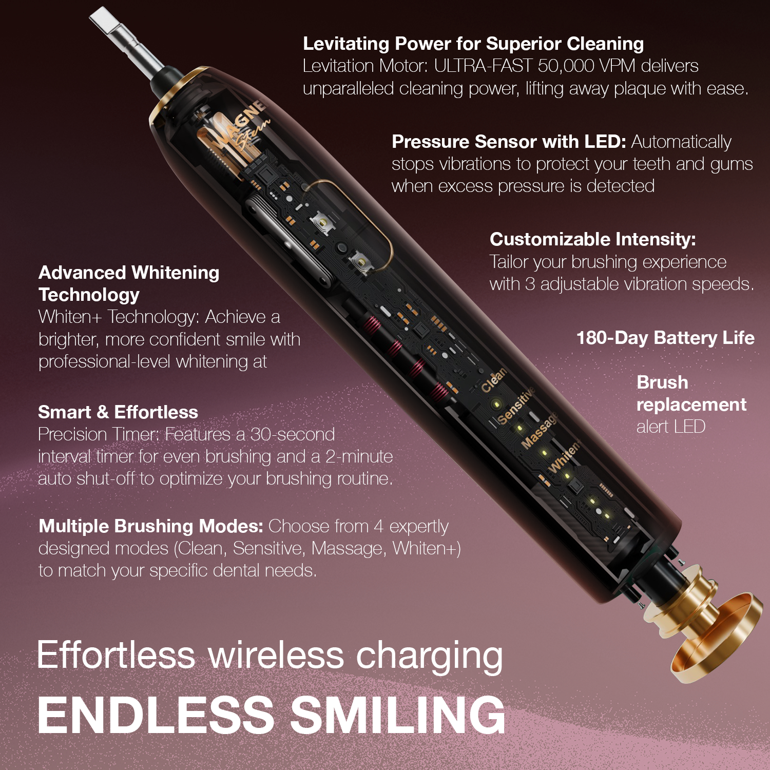 Wagner Stern IntelliBrush Series Whitening Electric Toothbrush with Pressure Sensor. Offers 4 Brushing Modes, 3 intensities, 8 Soft Brush Heads, and a Luxury Travel case.