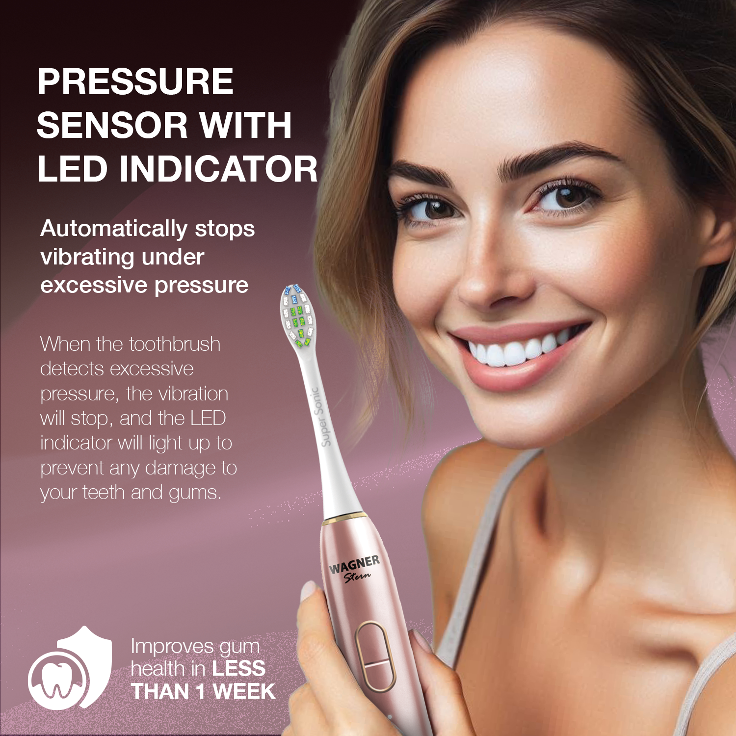 Wagner Stern IntelliBrush Series Whitening Electric Toothbrush with Pressure Sensor. Offers 4 Brushing Modes, 3 intensities, 8 Soft Brush Heads, and a Luxury Travel case.