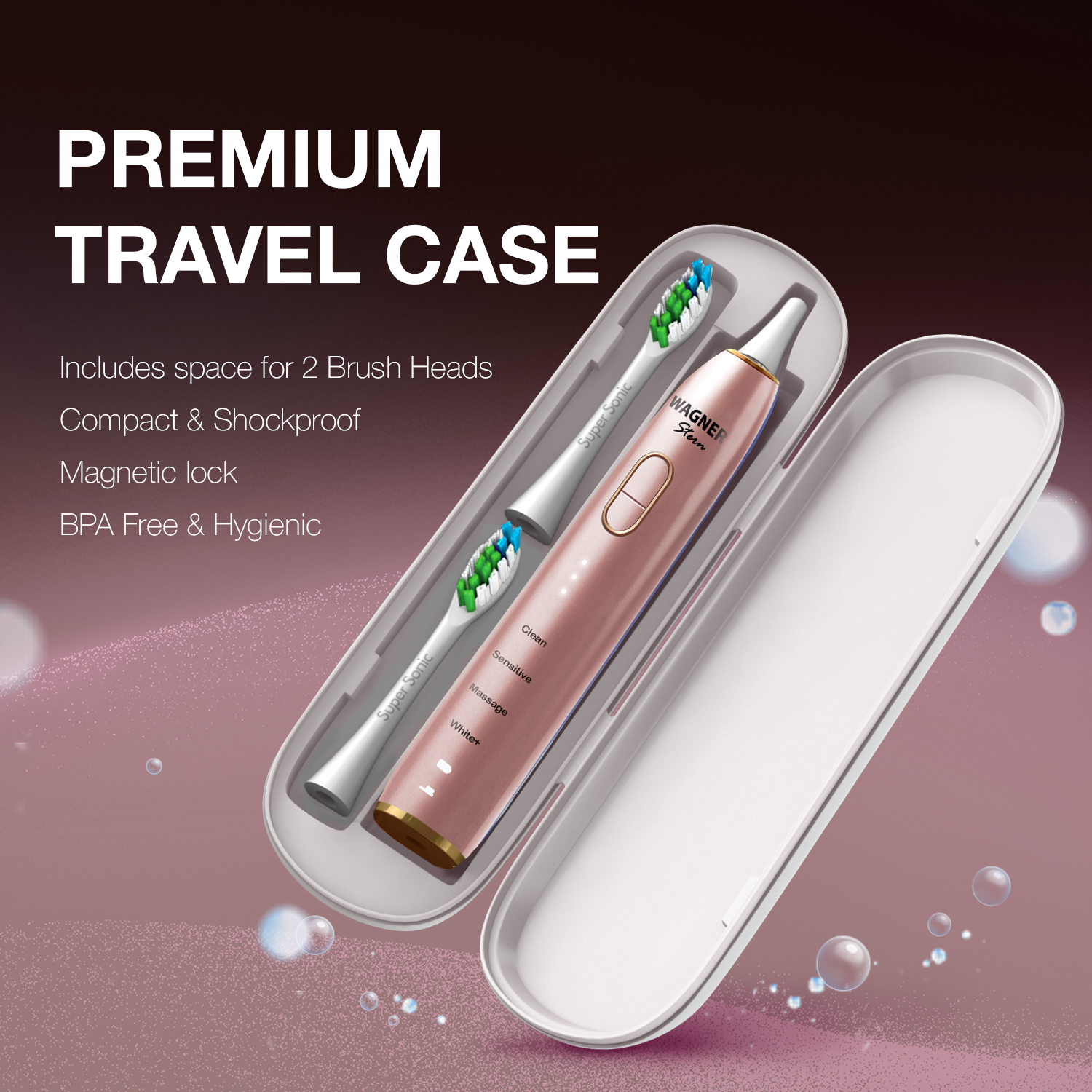 Wagner Stern IntelliBrush Series Whitening Electric Toothbrush with Pressure Sensor. Offers 4 Brushing Modes, 3 intensities, 8 Soft Brush Heads, and a Luxury Travel case.