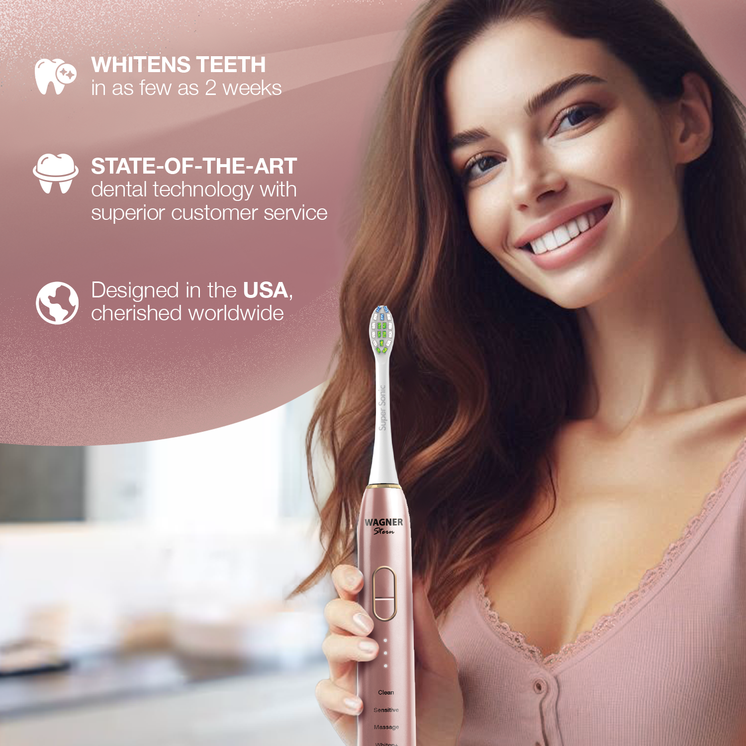 Wagner Stern IntelliBrush Series Whitening Electric Toothbrush with Pressure Sensor. Offers 4 Brushing Modes, 3 intensities, 8 Soft Brush Heads, and a Luxury Travel case.