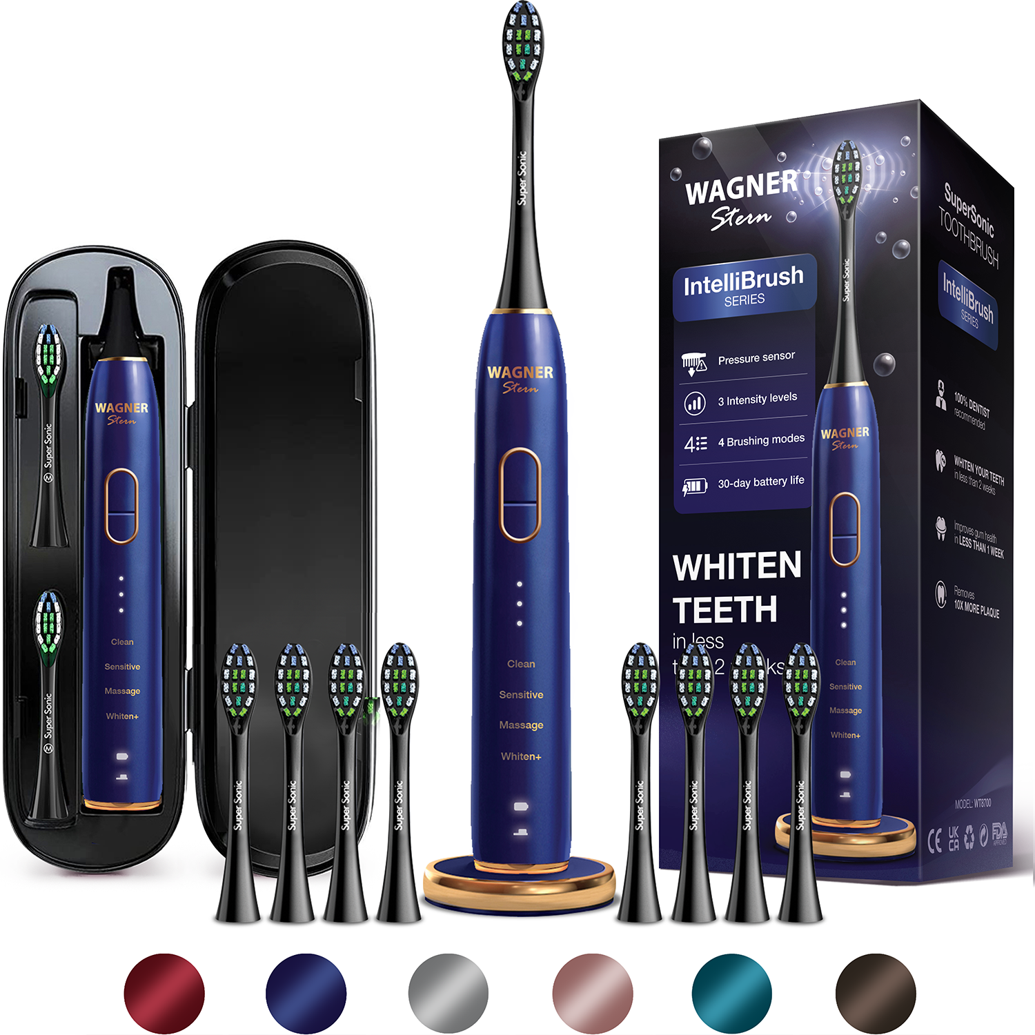 Wagner Stern IntelliBrush Series Whitening Electric Toothbrush with Pressure Sensor. Offers 4 Brushing Modes, 3 intensities, 8 Soft Brush Heads, and a Luxury Travel case.