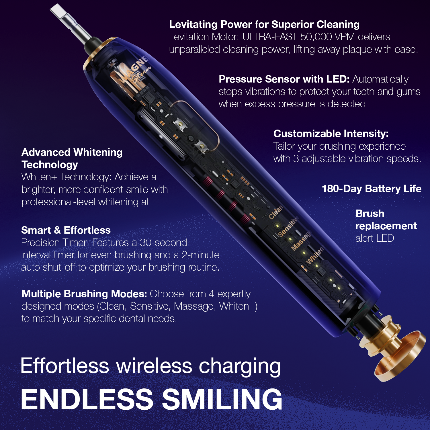 Wagner Stern IntelliBrush Series Whitening Electric Toothbrush with Pressure Sensor. Offers 4 Brushing Modes, 3 intensities, 8 Soft Brush Heads, and a Luxury Travel case.