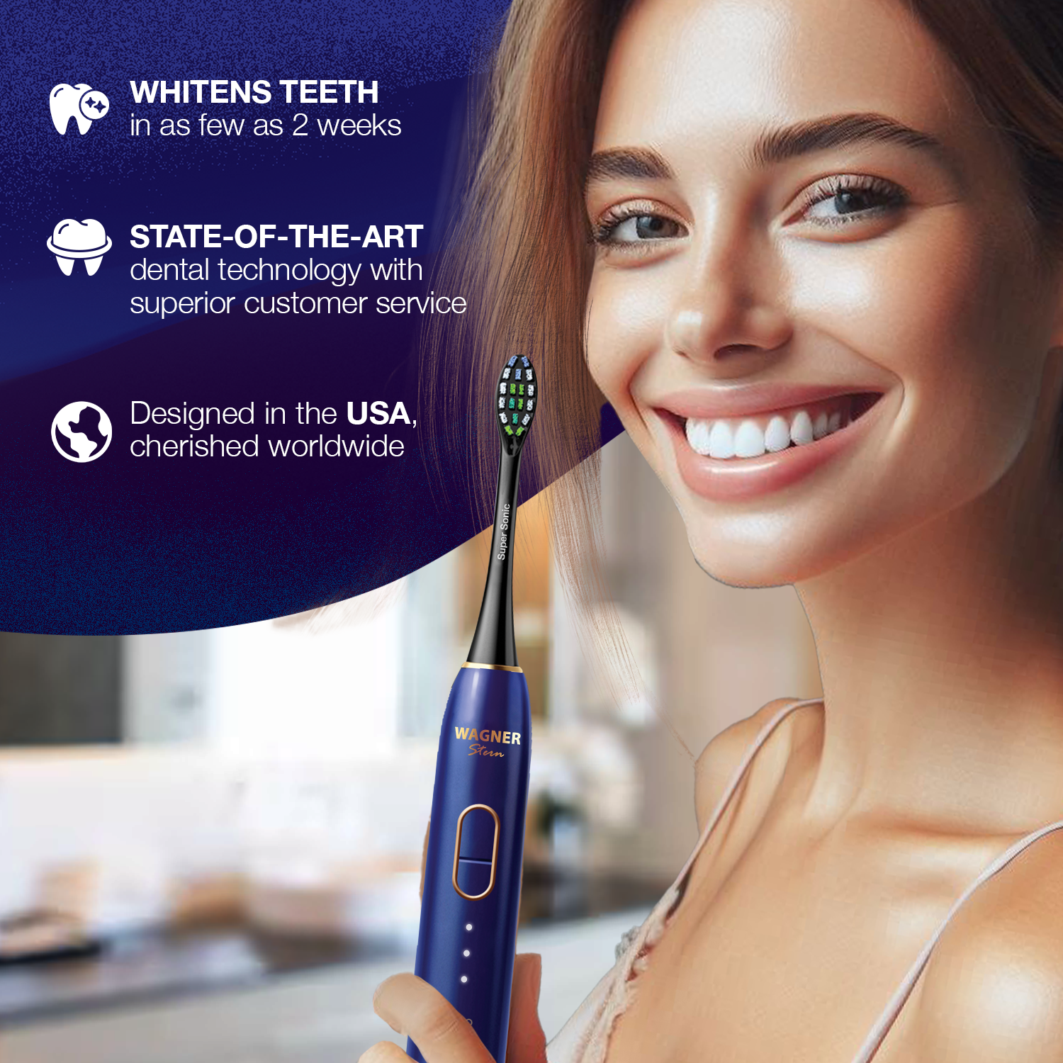 Wagner Stern IntelliBrush Series Whitening Electric Toothbrush with Pressure Sensor. Offers 4 Brushing Modes, 3 intensities, 8 Soft Brush Heads, and a Luxury Travel case.