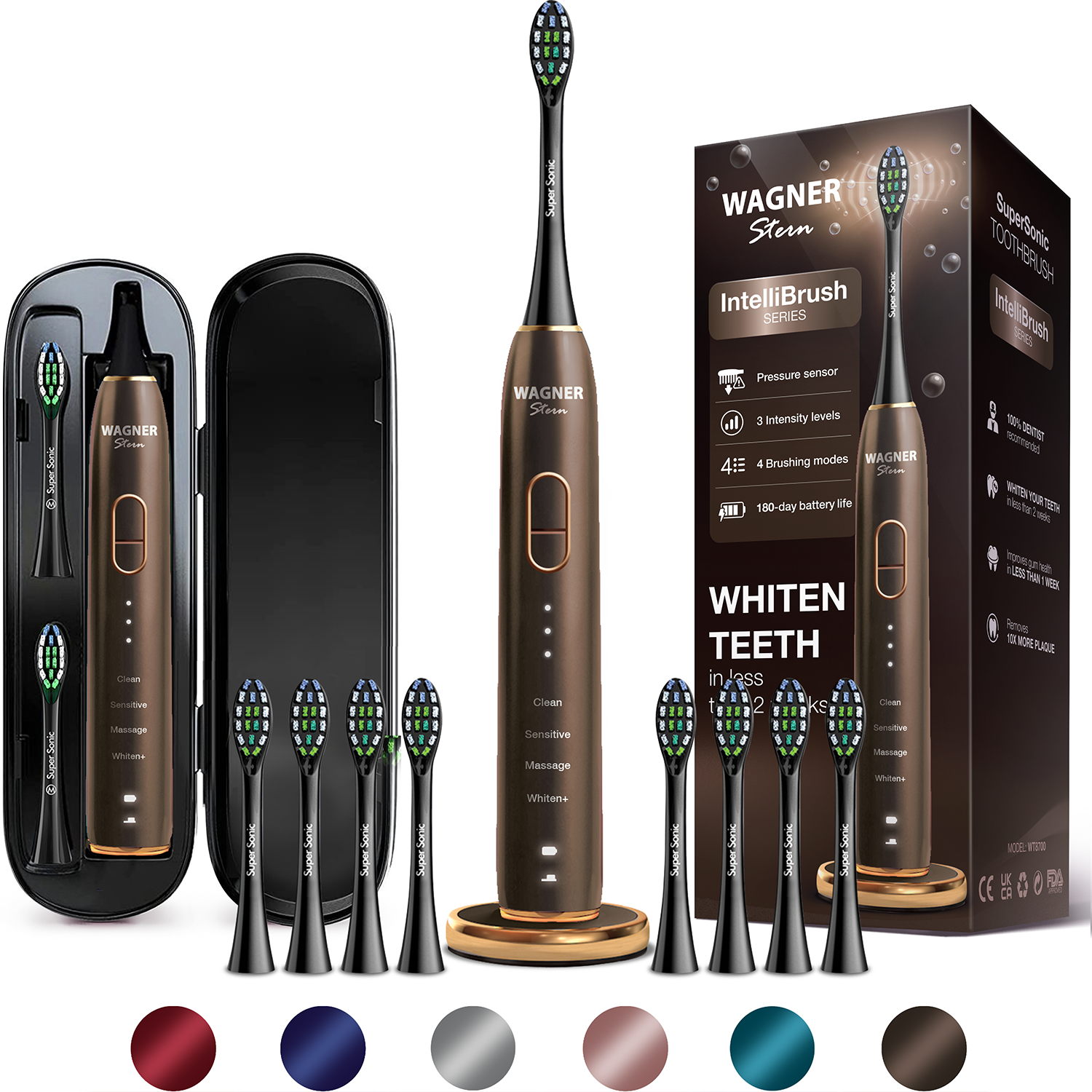 Wagner Stern IntelliBrush Series Whitening Electric Toothbrush with Pressure Sensor. Offers 4 Brushing Modes, 3 intensities, 8 Soft Brush Heads, and a Luxury Travel case.