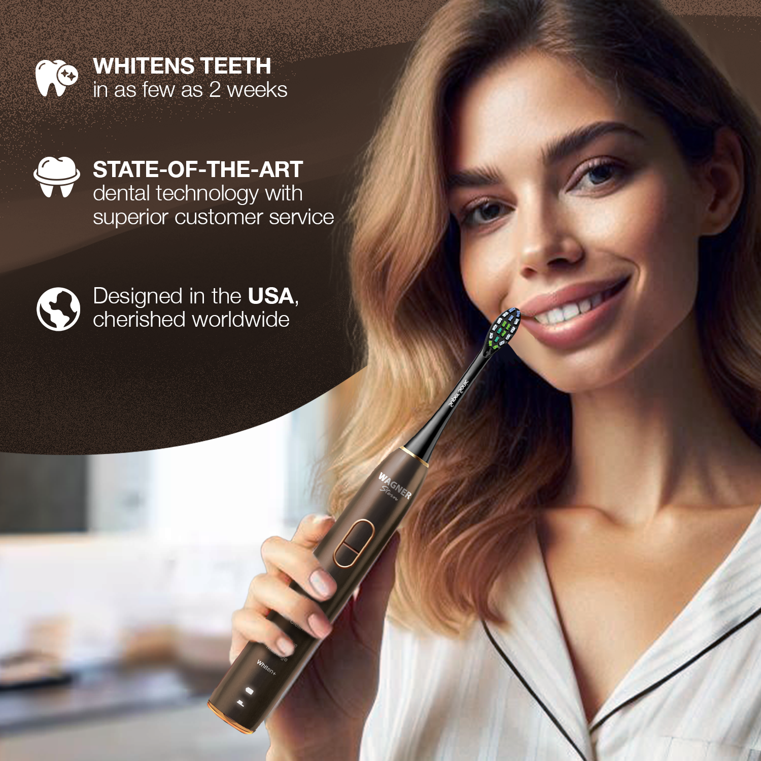 Wagner Stern IntelliBrush Series Whitening Electric Toothbrush with Pressure Sensor. Offers 4 Brushing Modes, 3 intensities, 8 Soft Brush Heads, and a Luxury Travel case.