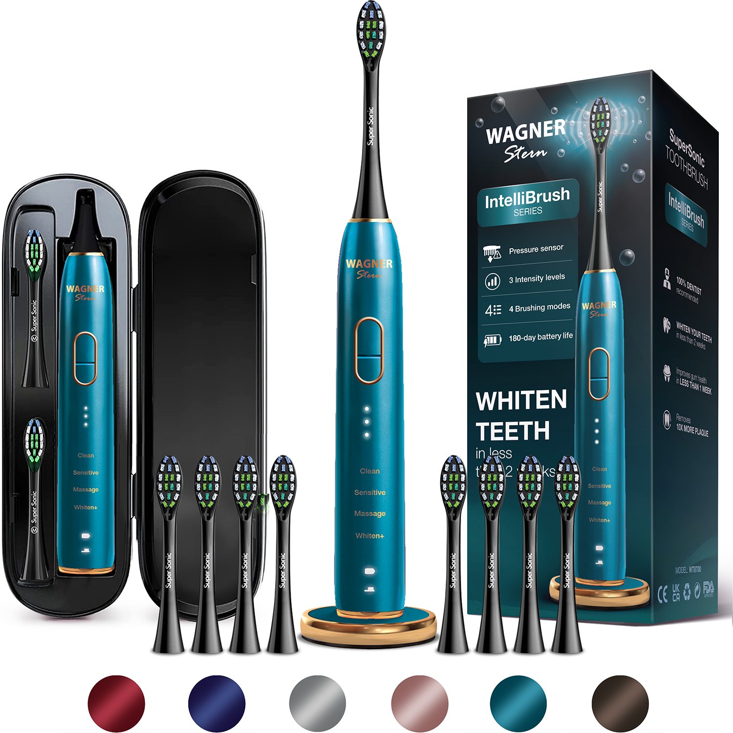 Wagner Stern IntelliBrush Series Whitening Electric Toothbrush with Pressure Sensor. Offers 4 Brushing Modes, 3 intensities, 8 Soft Brush Heads, and a Luxury Travel case.