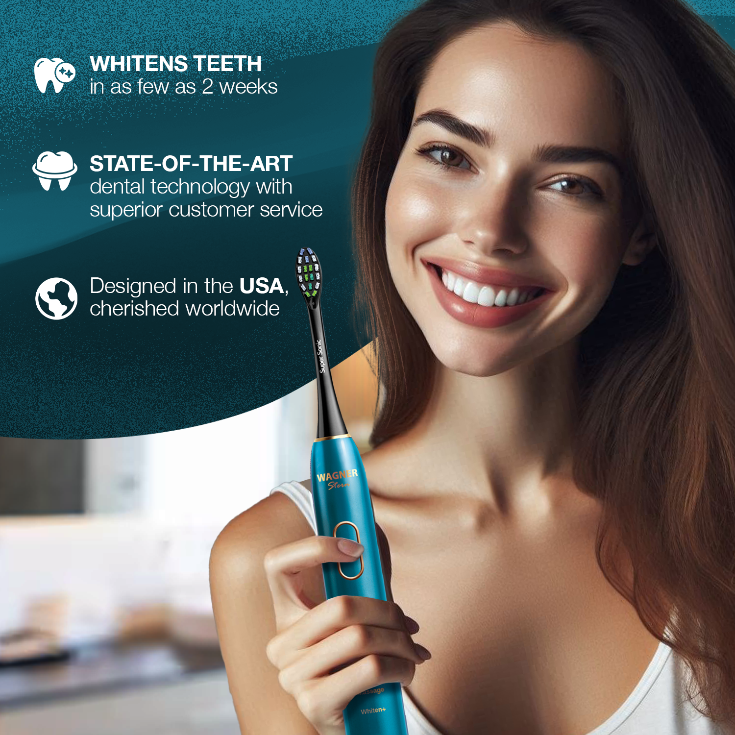 Wagner Stern IntelliBrush Series Whitening Electric Toothbrush with Pressure Sensor. Offers 4 Brushing Modes, 3 intensities, 8 Soft Brush Heads, and a Luxury Travel case.