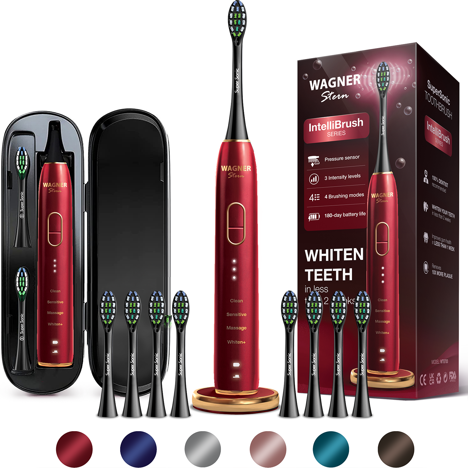 Wagner Stern IntelliBrush Series Whitening Electric Toothbrush with Pressure Sensor. Offers 4 Brushing Modes, 3 intensities, 8 Soft Brush Heads, and a Luxury Travel case.