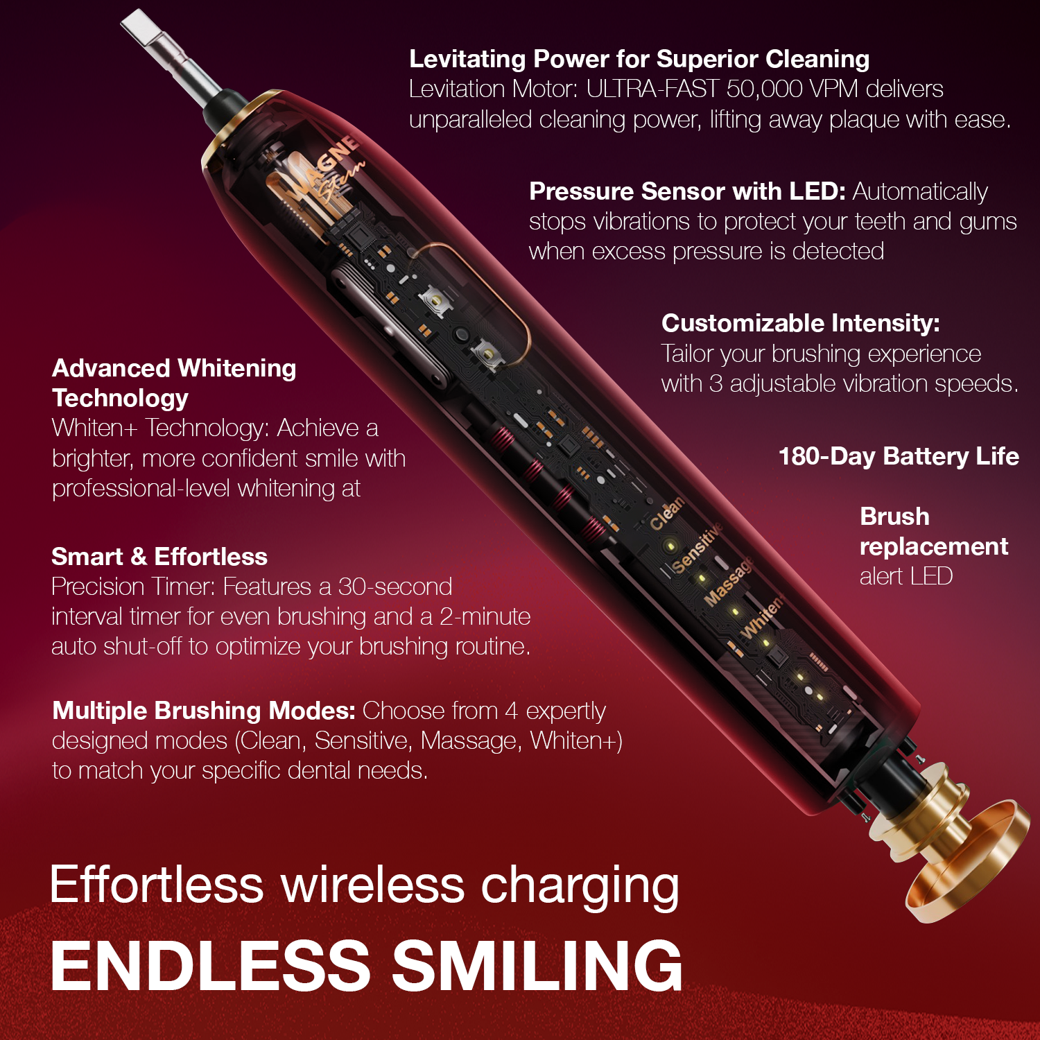 Wagner Stern IntelliBrush Series Whitening Electric Toothbrush with Pressure Sensor. Offers 4 Brushing Modes, 3 intensities, 8 Soft Brush Heads, and a Luxury Travel case.