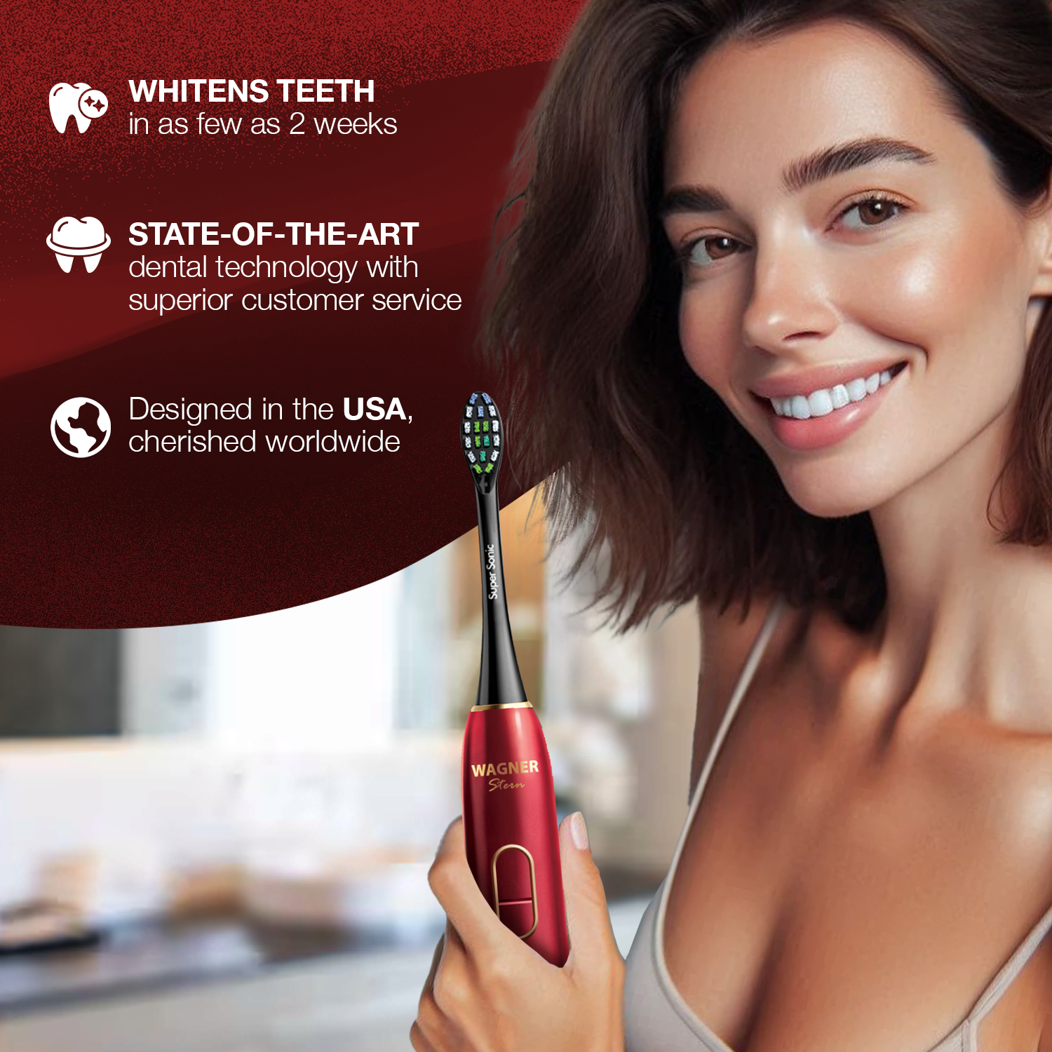 Wagner Stern IntelliBrush Series Whitening Electric Toothbrush with Pressure Sensor. Offers 4 Brushing Modes, 3 intensities, 8 Soft Brush Heads, and a Luxury Travel case.