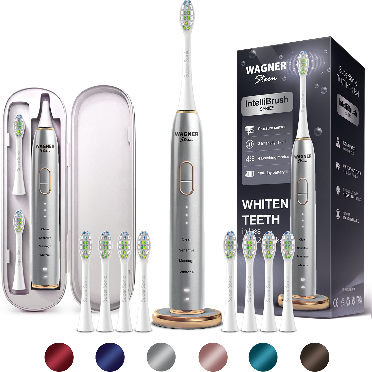 Wagner Stern IntelliBrush Series Whitening Electric Toothbrush with Pressure Sensor. Offers 4 Brushing Modes, 3 intensities, 8 Soft Brush Heads, and a Luxury Travel case.