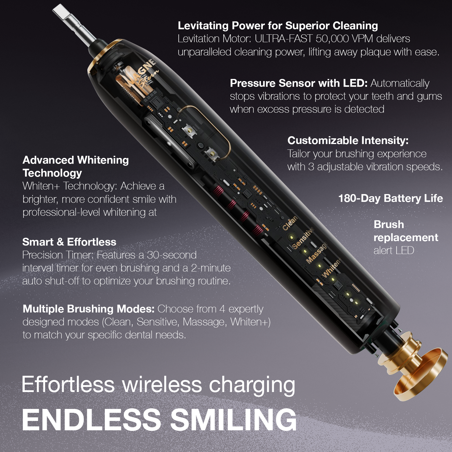 Wagner Stern IntelliBrush Series Whitening Electric Toothbrush with Pressure Sensor. Offers 4 Brushing Modes, 3 intensities, 8 Soft Brush Heads, and a Luxury Travel case.