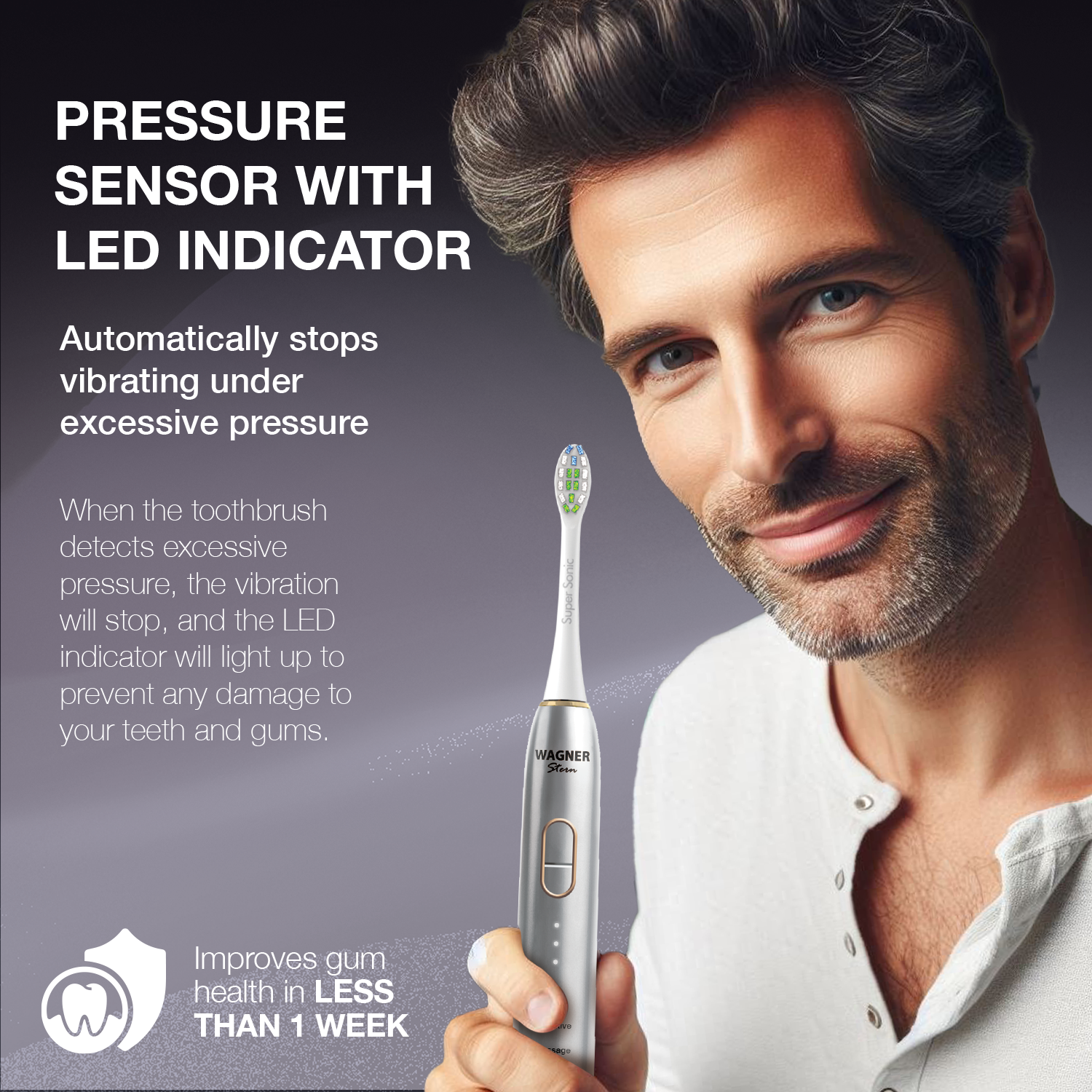 Wagner Stern IntelliBrush Series Whitening Electric Toothbrush with Pressure Sensor. Offers 4 Brushing Modes, 3 intensities, 8 Soft Brush Heads, and a Luxury Travel case.