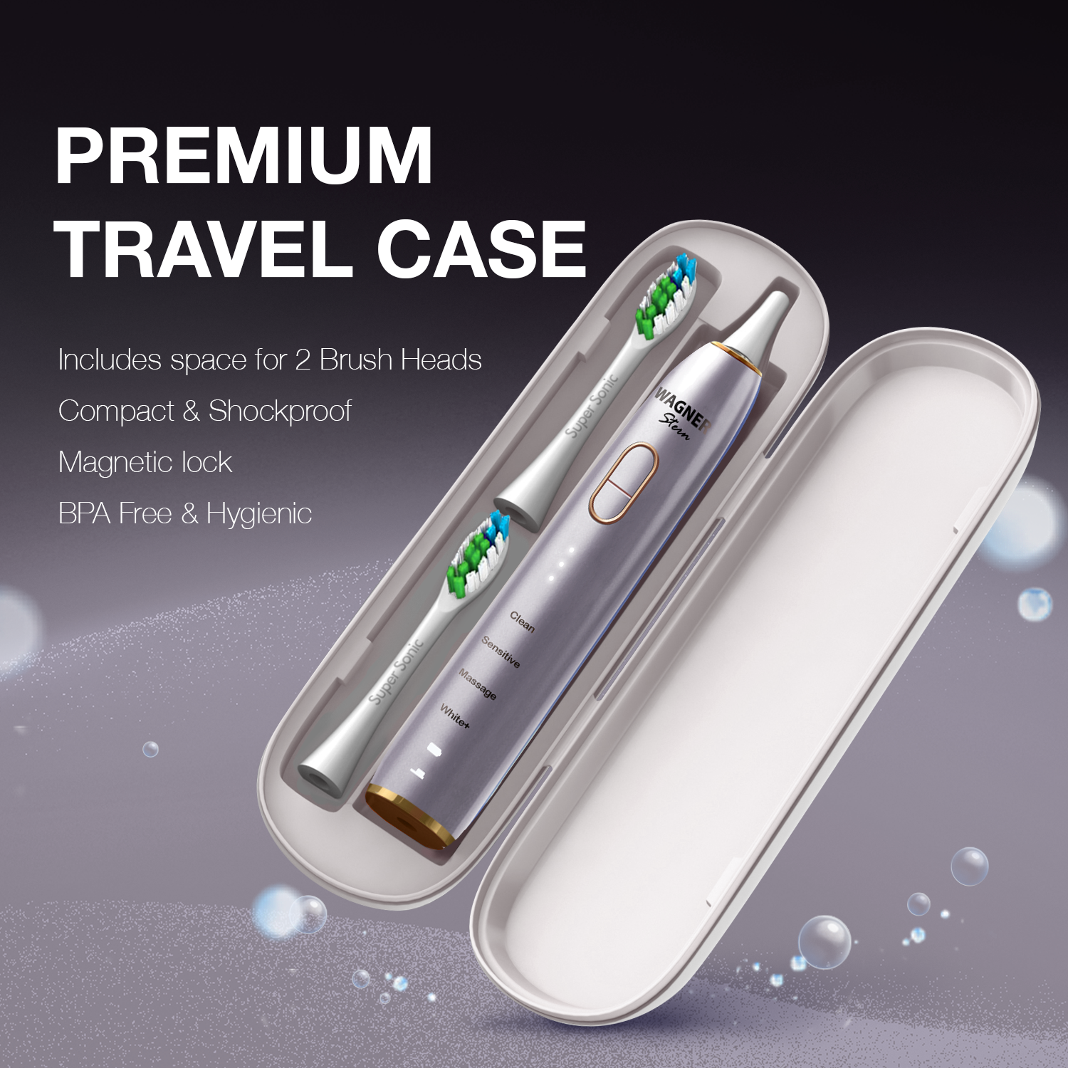 Wagner Stern IntelliBrush Series Whitening Electric Toothbrush with Pressure Sensor. Offers 4 Brushing Modes, 3 intensities, 8 Soft Brush Heads, and a Luxury Travel case.