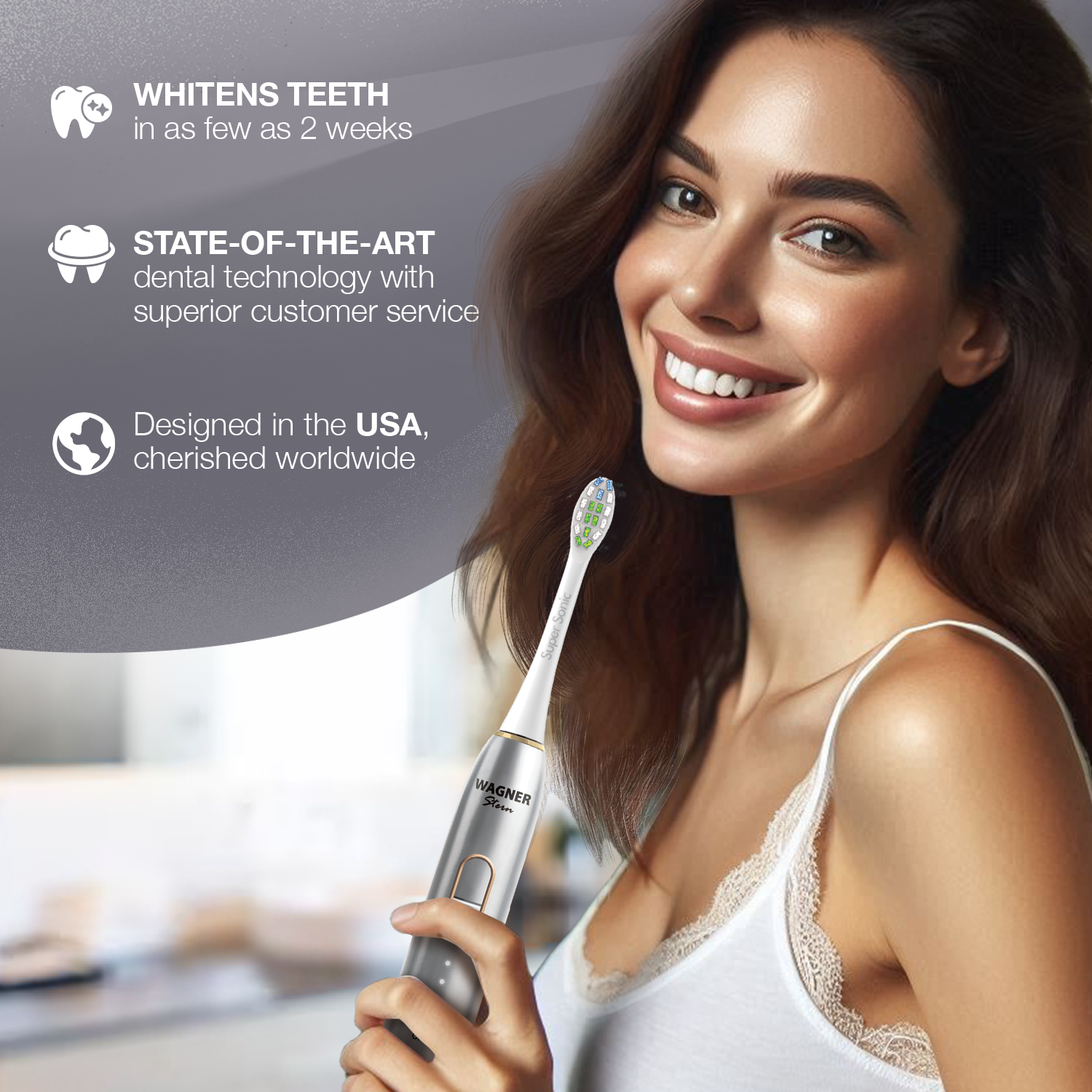 Wagner Stern IntelliBrush Series Whitening Electric Toothbrush with Pressure Sensor. Offers 4 Brushing Modes, 3 intensities, 8 Soft Brush Heads, and a Luxury Travel case.